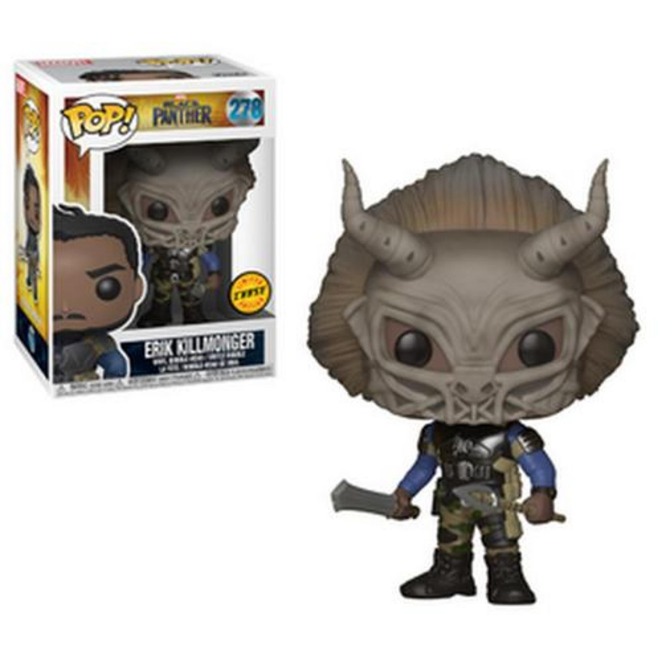 Funko Pop di Erik Killmonger con maschera e armi, nella scatola e accanto.