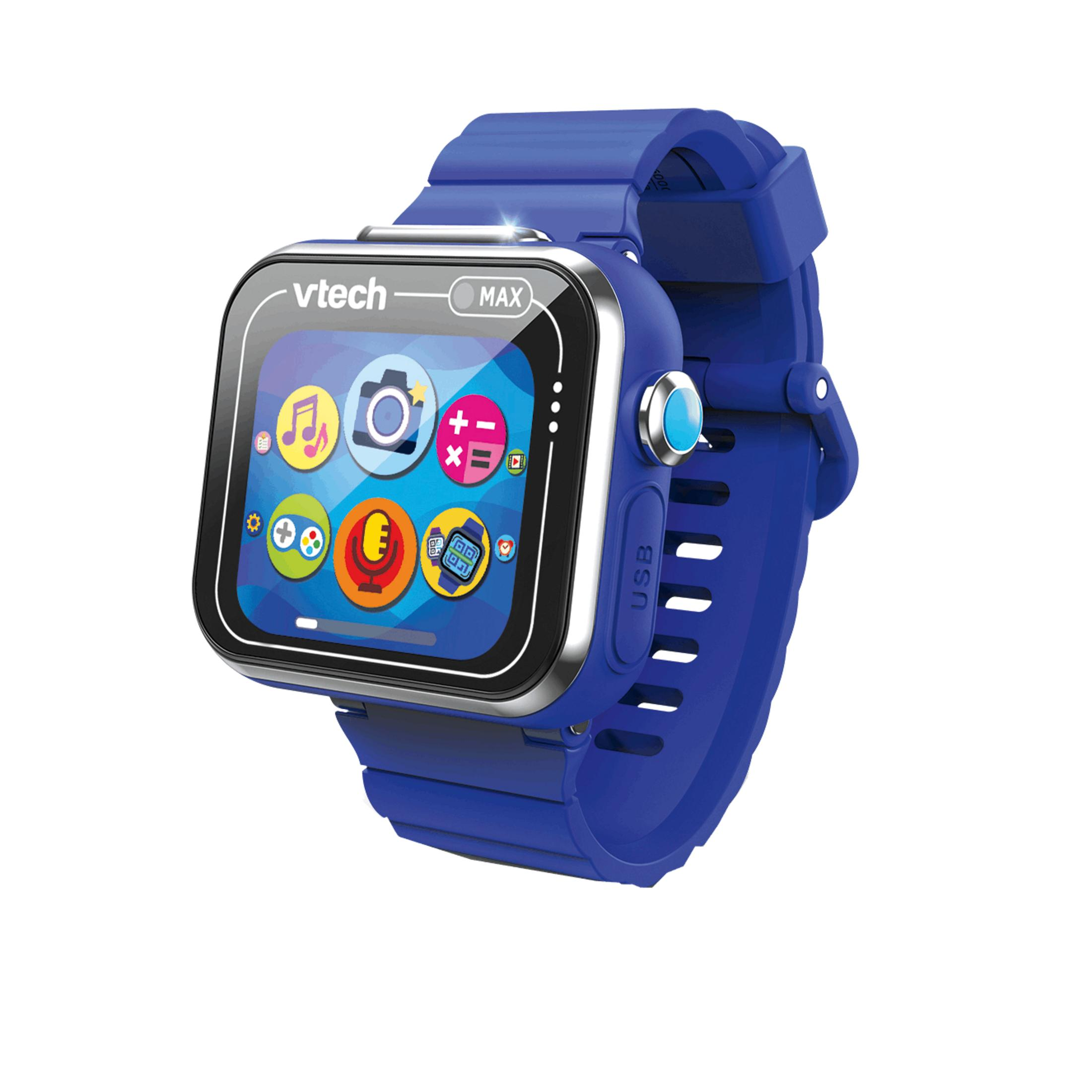 Uno smartwatch Vtech blu con varie icone di app sullo schermo.