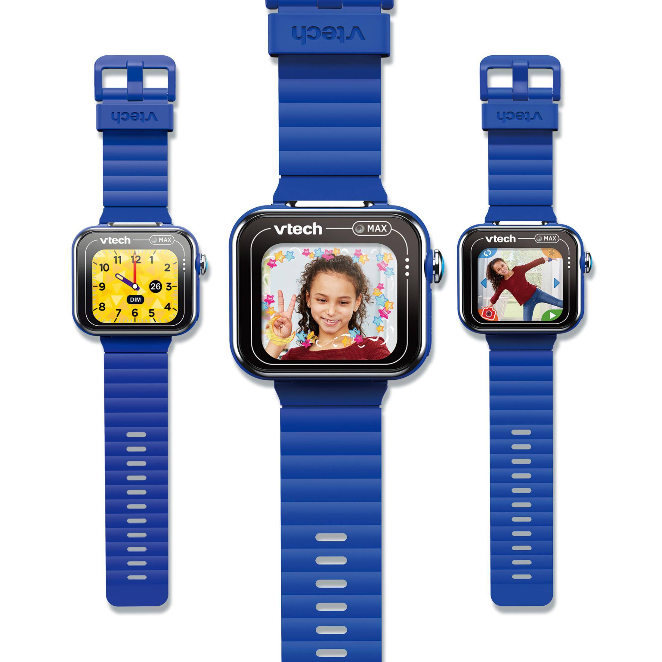 Tre orologi Vtech blu affiancati: uno con quadrante, uno con foto di bambina, uno con bambina che gioca.