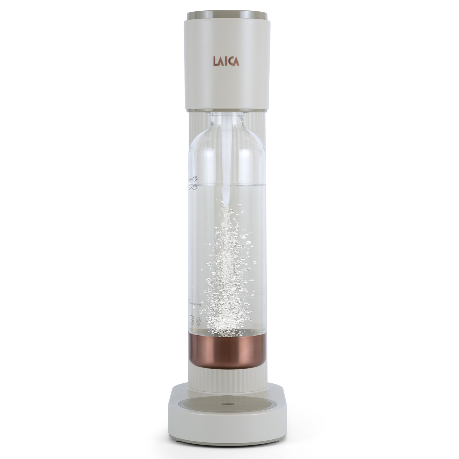 Un carbonatador de agua blanco con una botella transparente que contiene agua con gas.