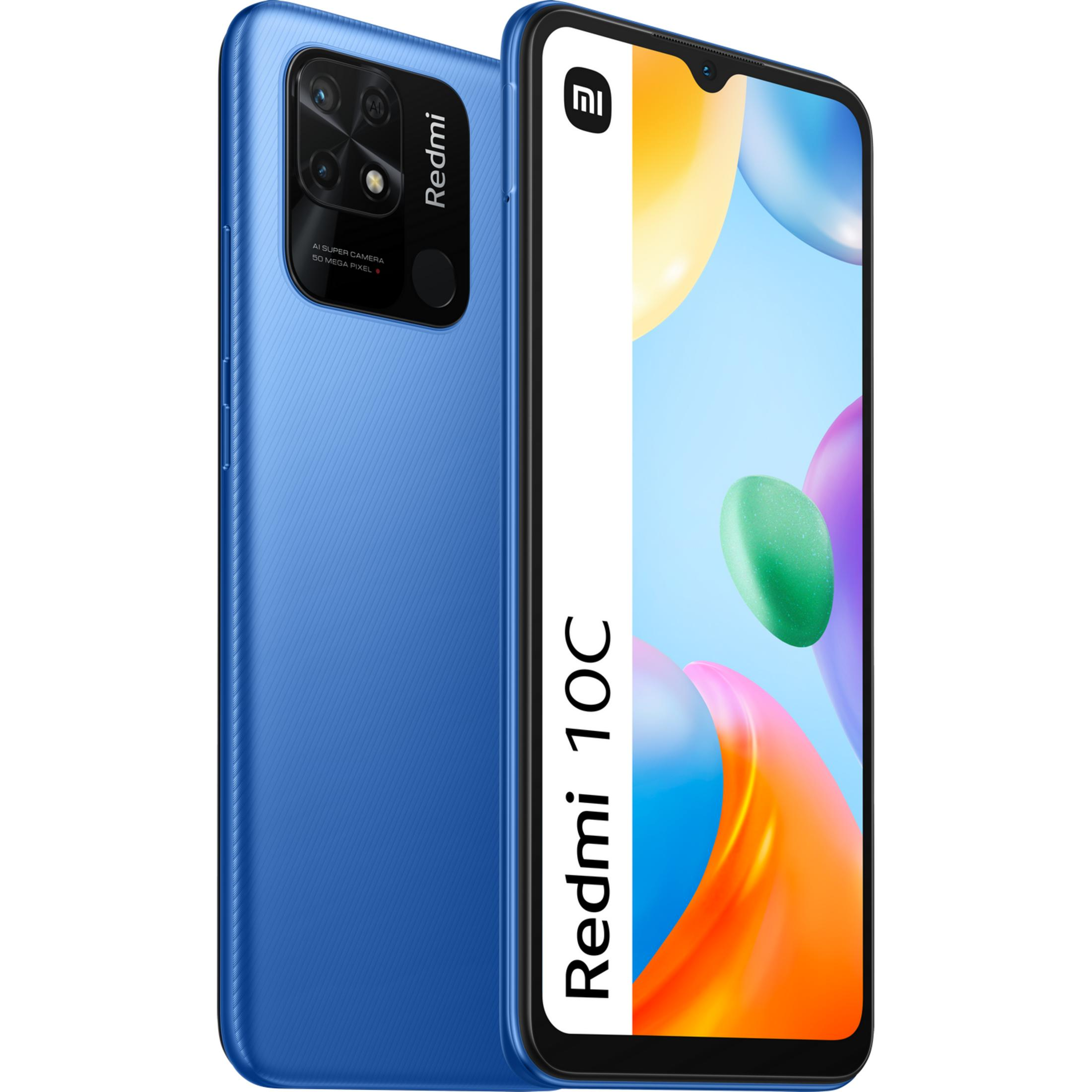Smartphone bleu Redmi 10C avec appareil photo 50MP et bouton d'alimentation latéral.