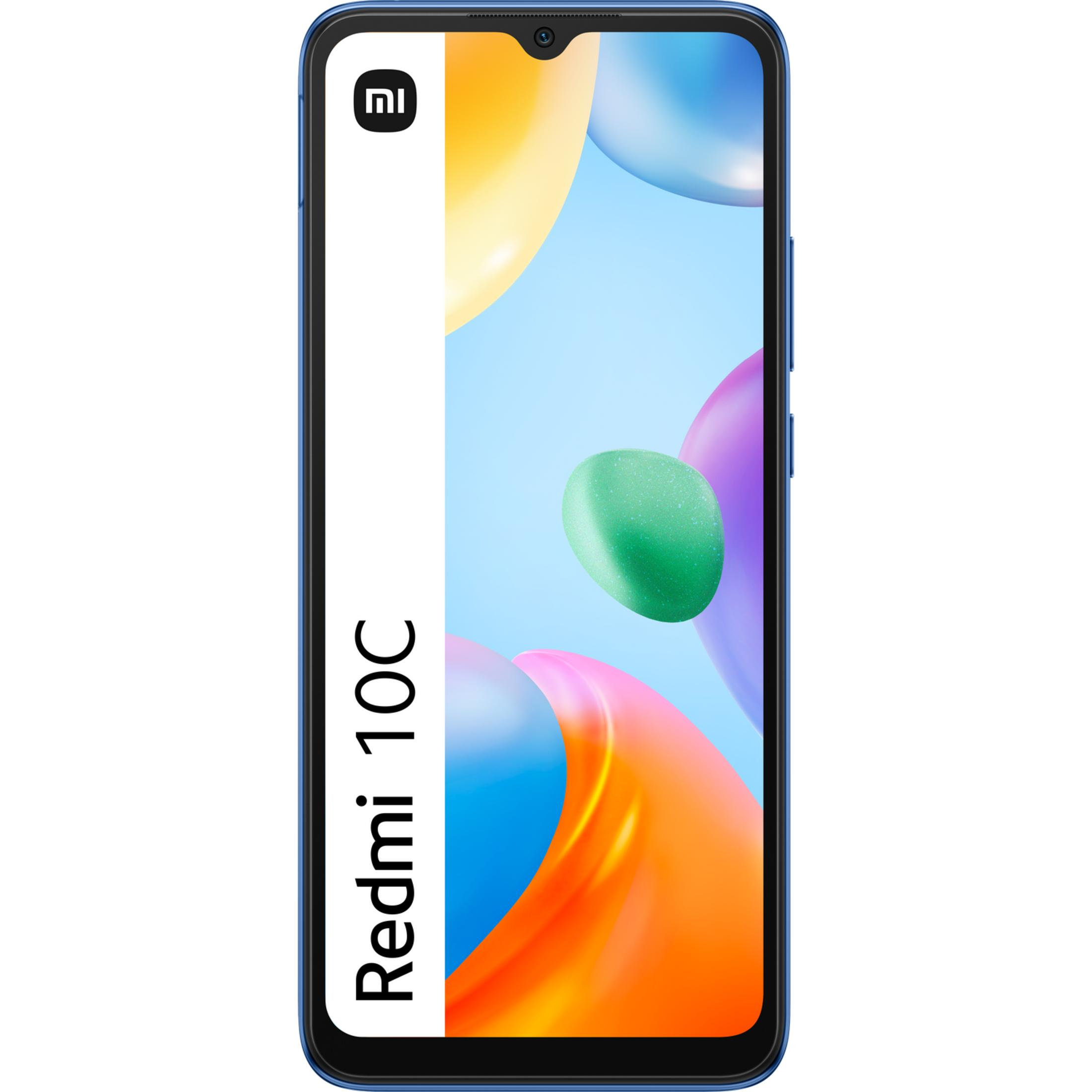 Smartphone Xiaomi Redmi 10C bleu avec des graphismes abstraits colorés.