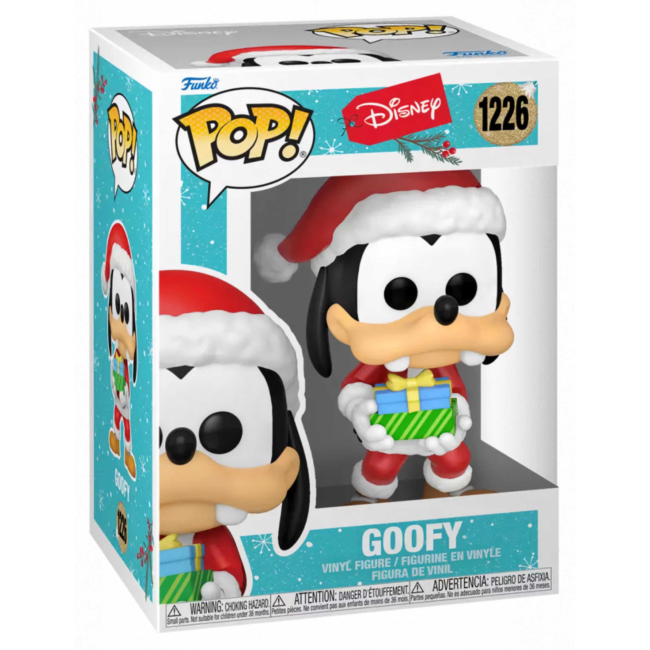 Una figura Funko Pop! de Goofy con gorro de Papá Noel sostiene un regalo.
