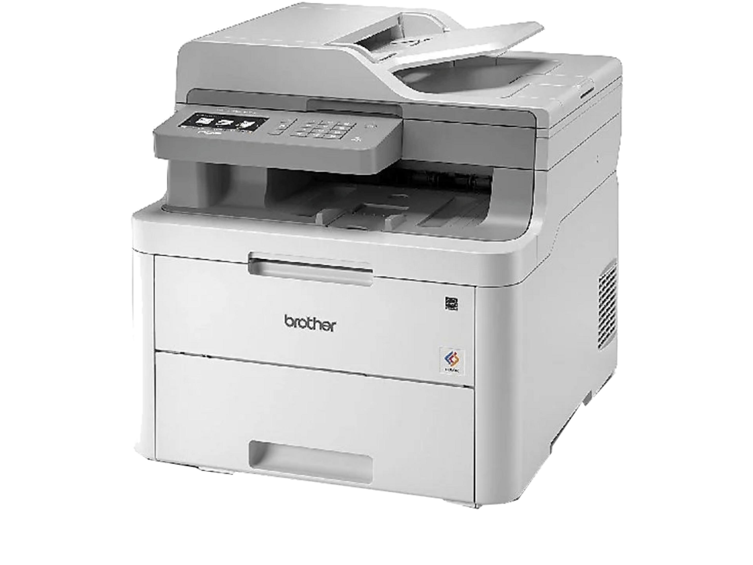 Una stampante multifunzione Brother bianca con scanner e alimentatore di carta.