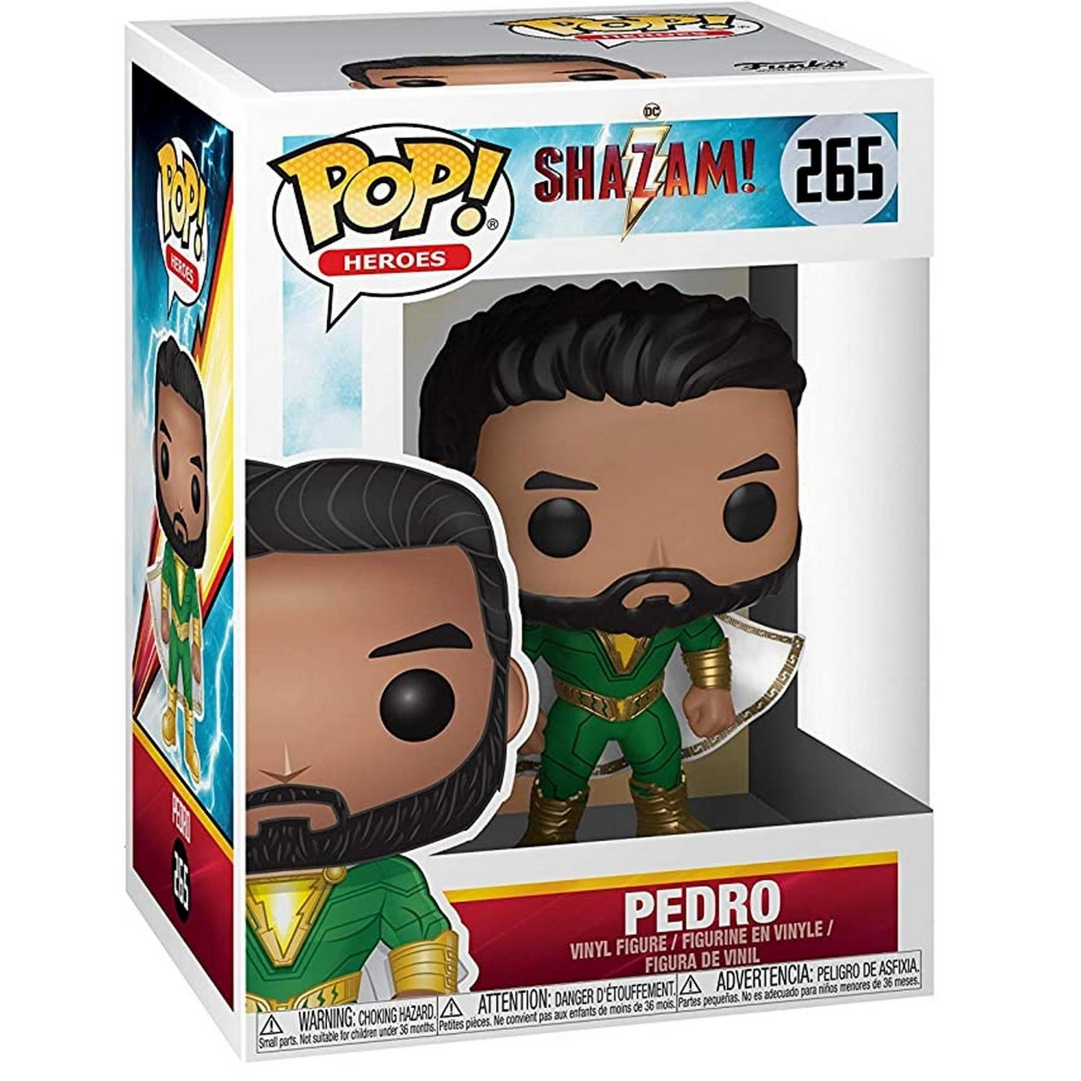 Figurka Funko Pop! Pedro z Shazam, w zielonym stroju, w pudełku.