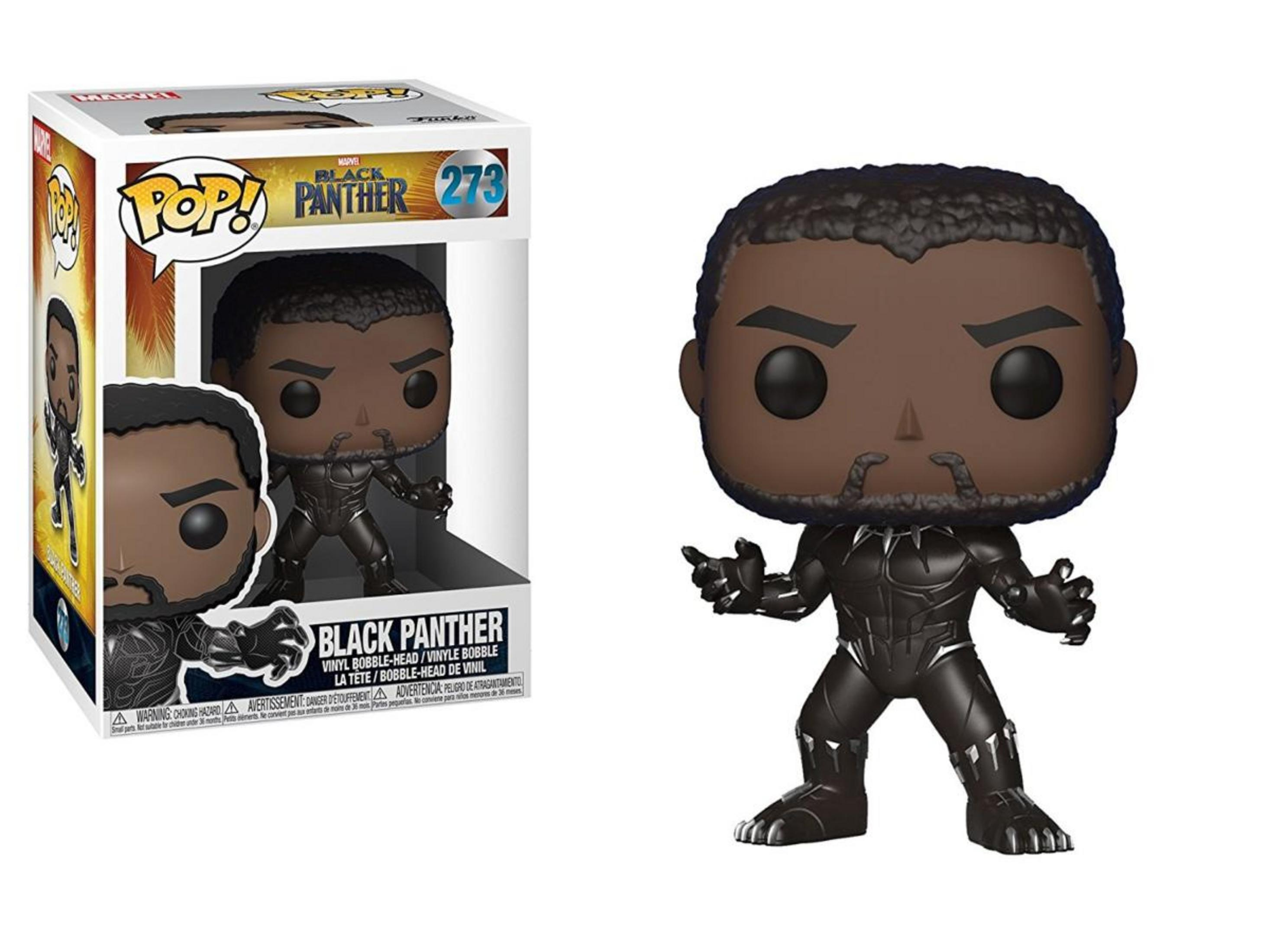 Una figuretta in vinile Funko Pop! di Black Panther con la sua scatola.