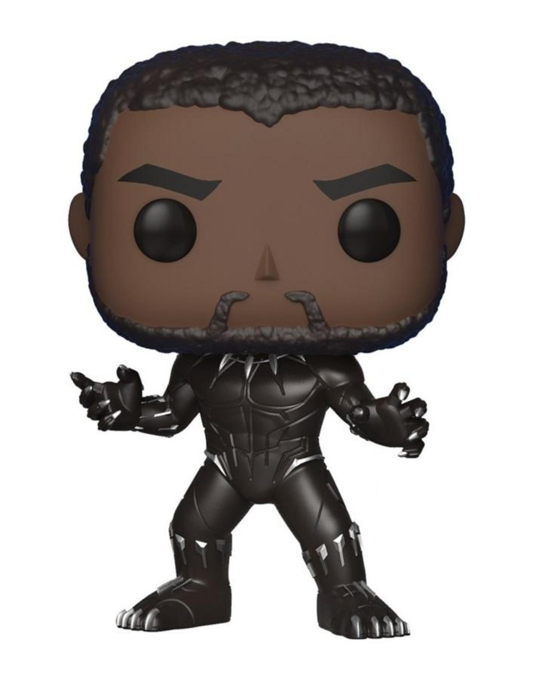Una figuretta Funko Pop nera di Black Panther con tratti stilizzati.