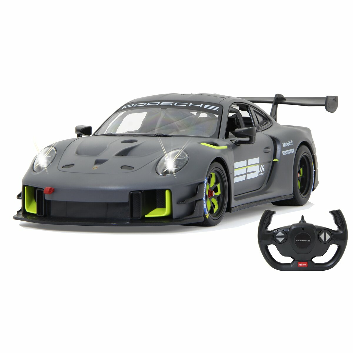 Grauer Porsche GT3 RS mit Neonakzenten und Fernbedienung.