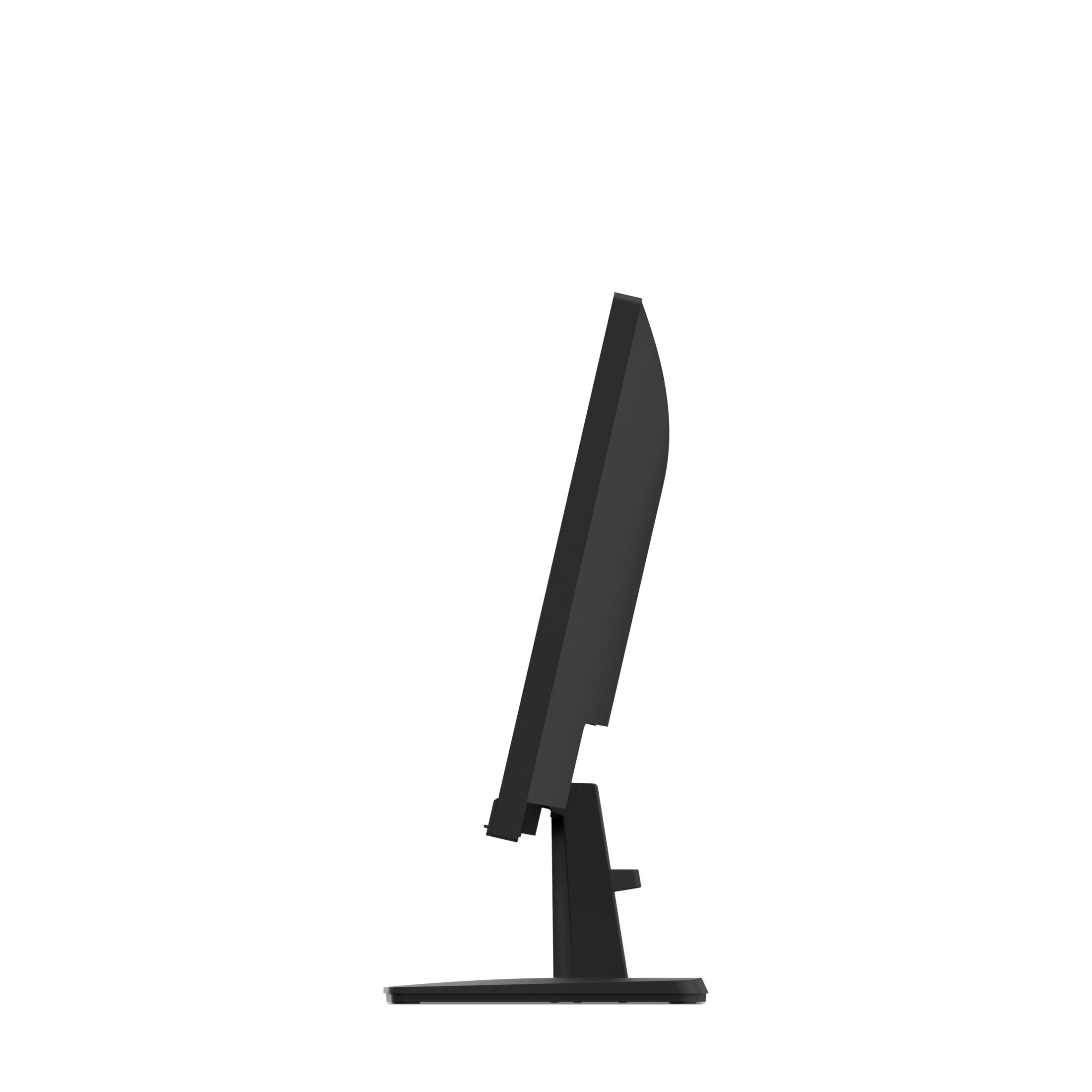 Un monitor de computadora negro visto de perfil sobre fondo blanco.