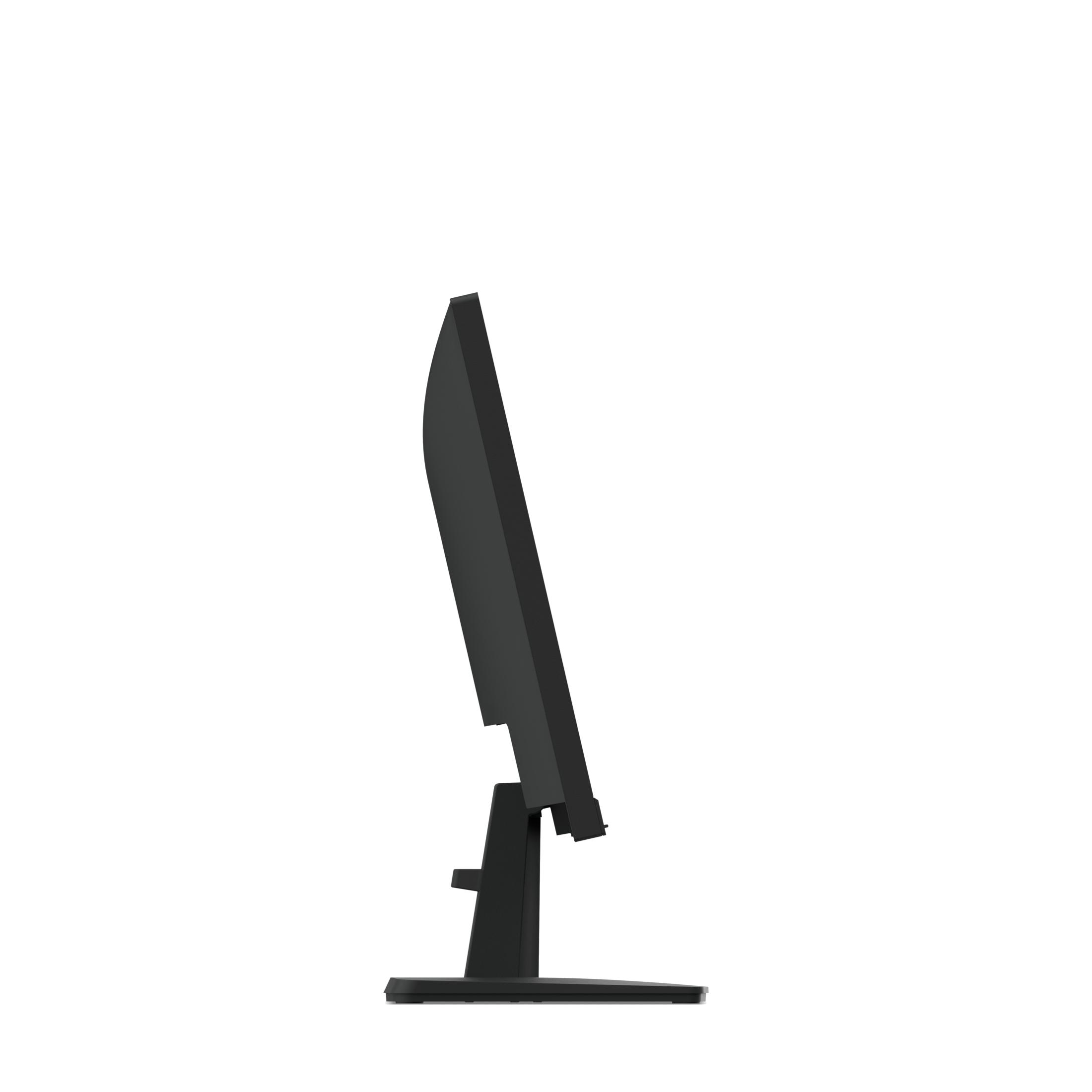 Un monitor de computadora negro con soporte negro, visto de lado.