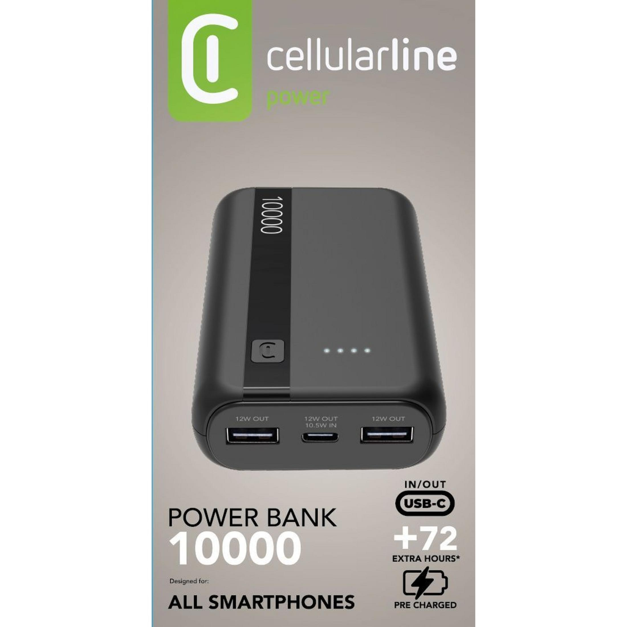 Schwarzes Cellularline Powerbank 10000 mit USB-C, 3 USB-A Ports.