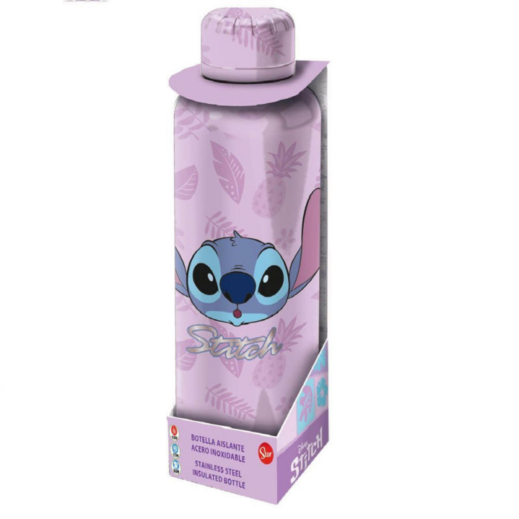 Lila Edelstahl-Trinkflasche mit Stitch-Motiv und Blatt-/Ananasmuster.