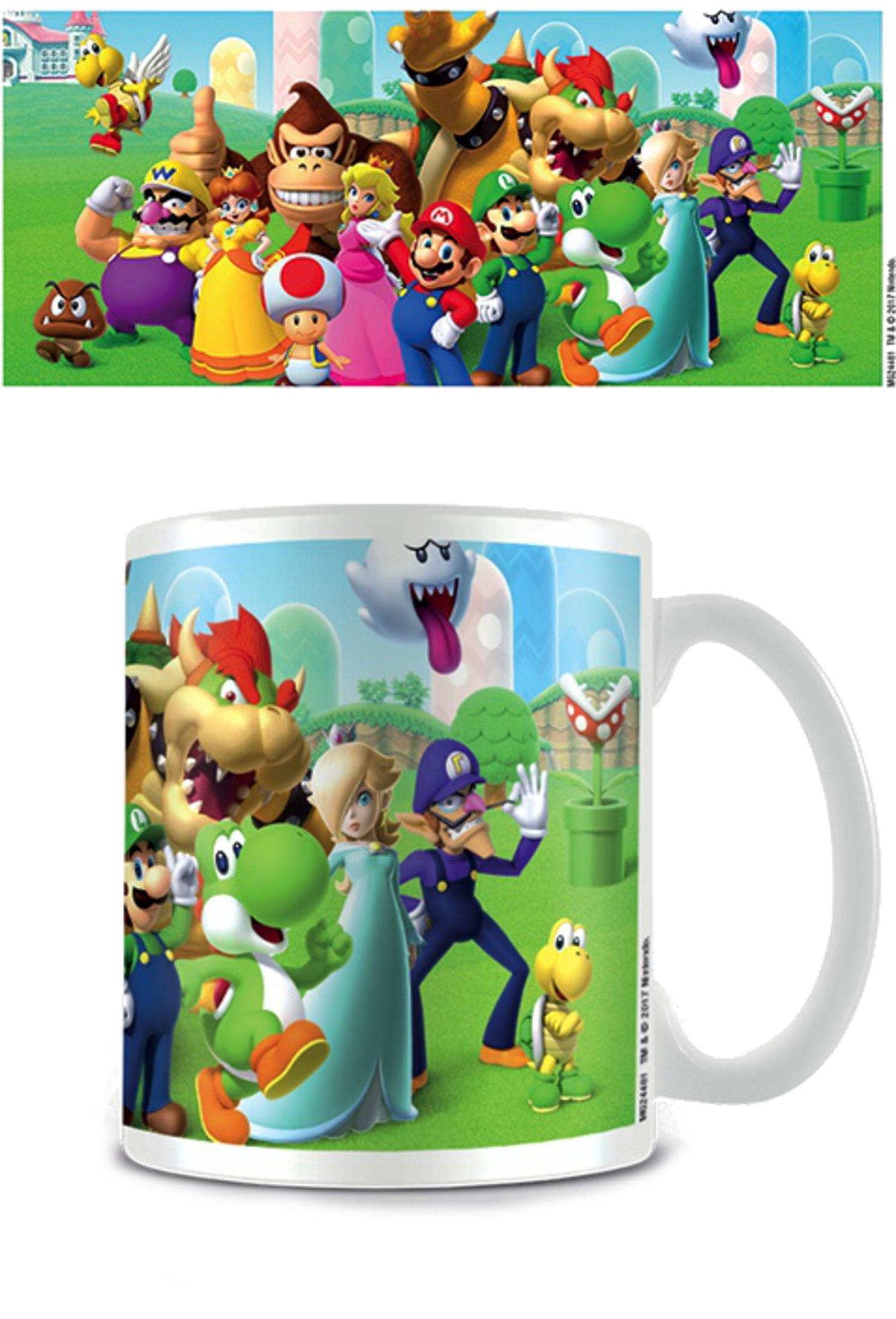 Mario Charaktere auf einer Tasse: Mario, Luigi, Yoshi, Bowser, Toad, Donkey Kong, Goomba, Koopa.