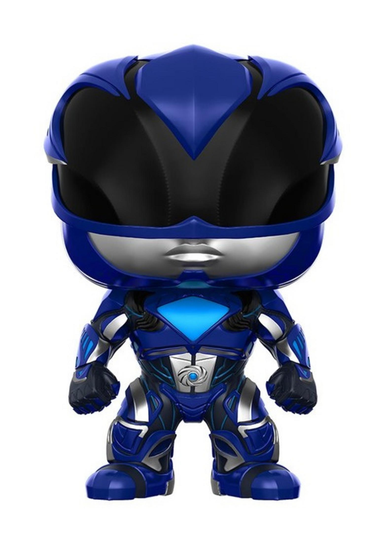 Eine blaue Power Ranger-Figur mit schwarzem Helm und silbernem Mundschutz.