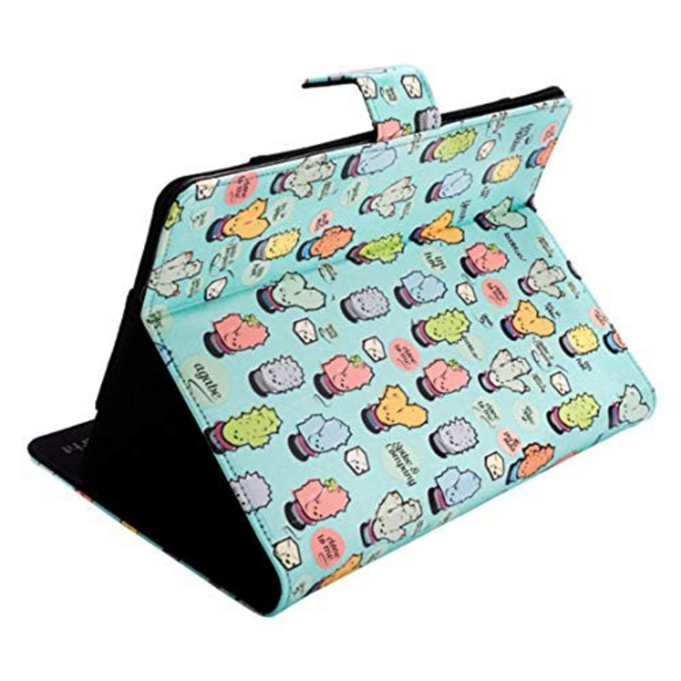Un soporte para tableta azul claro con estampado de cactus y soporte negro.
