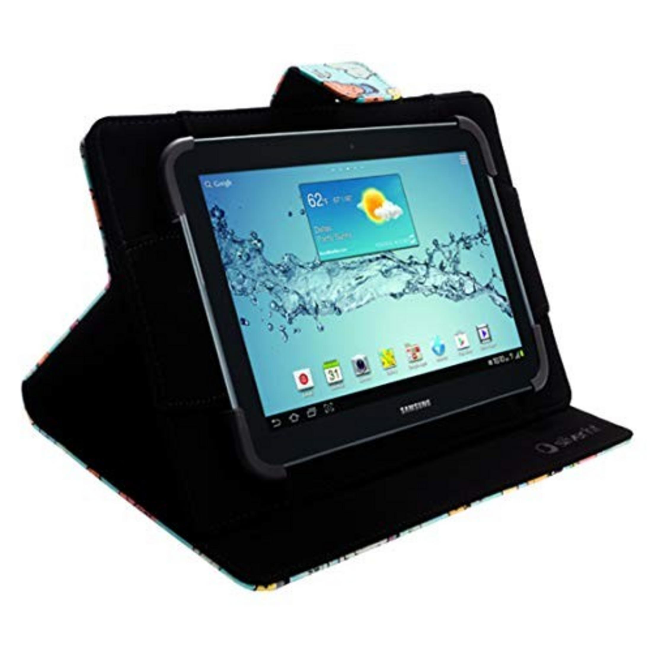 Una tablet negra en una funda colorida, mostrando una pantalla de salpicaduras de agua.