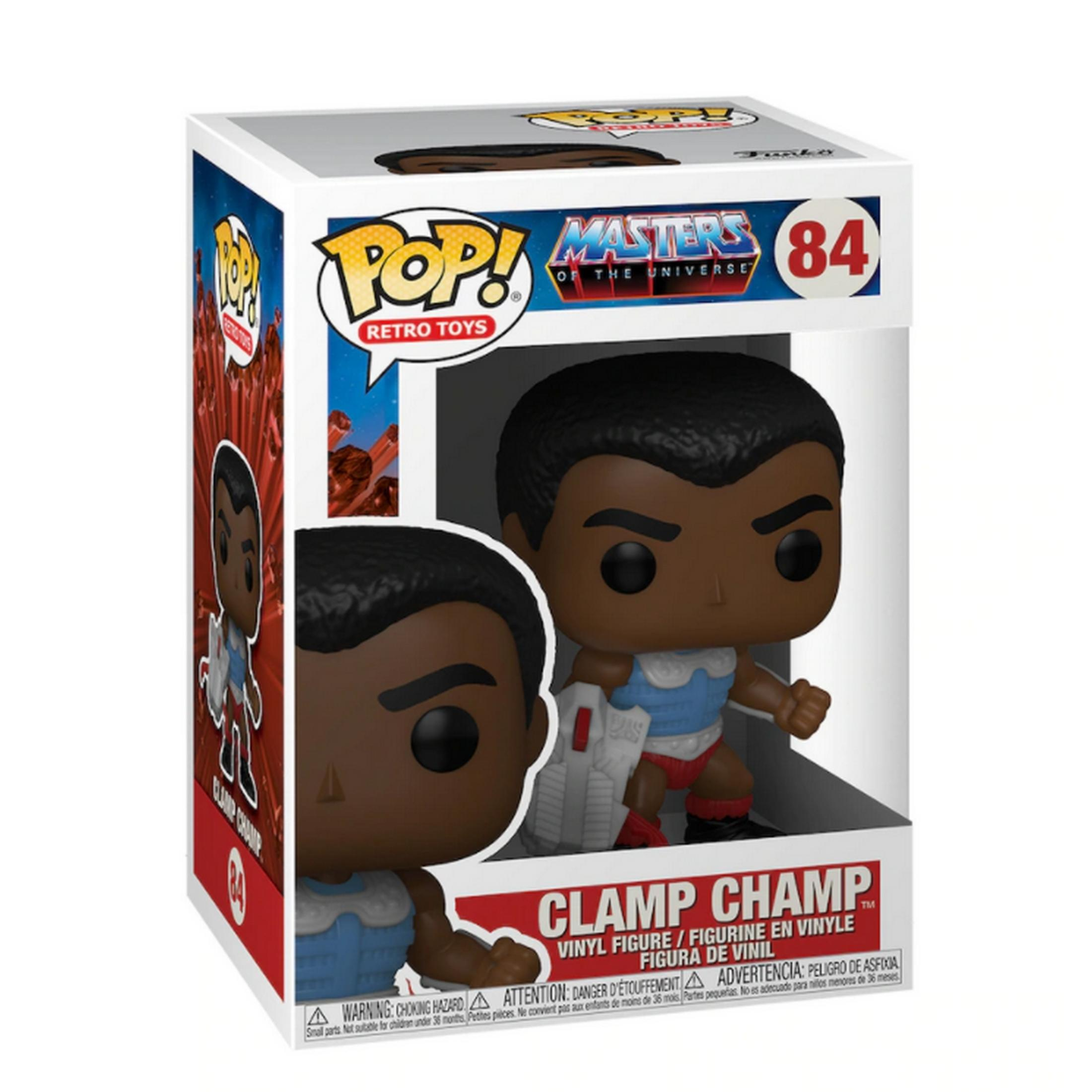 Action figure Funko Pop! di Clamp Champ da Masters of the Universe in scatola.
