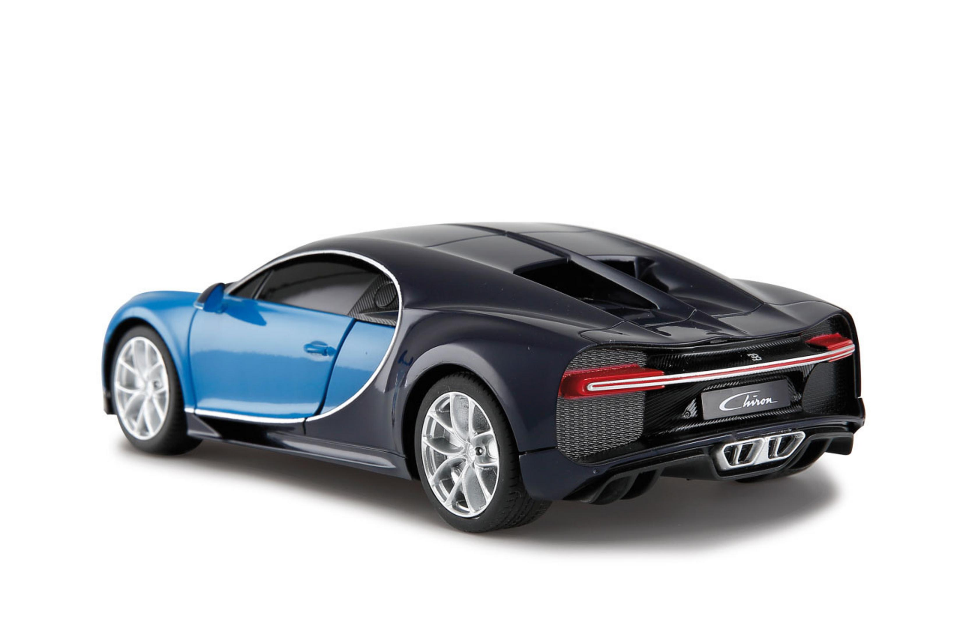 Ein dunkelblauer und hellblauer Bugatti Chiron Sportwagen von hinten.