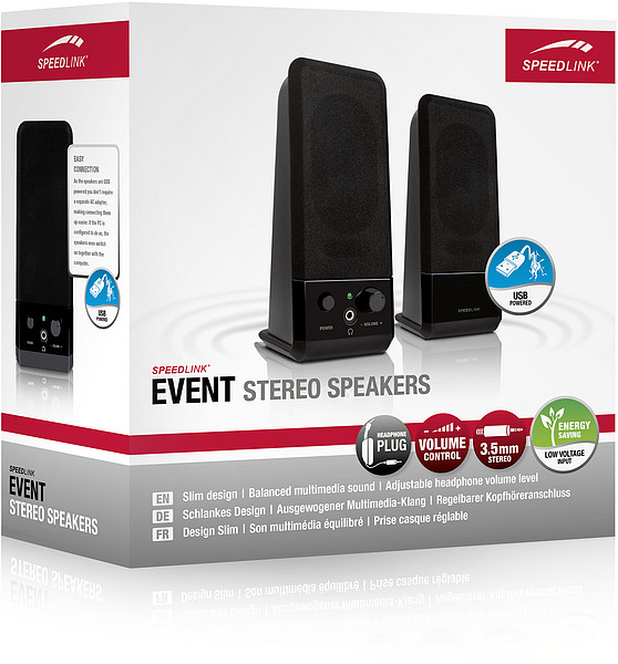 Due altoparlanti stereo Speedlink Event neri con connessione USB e controllo del volume.