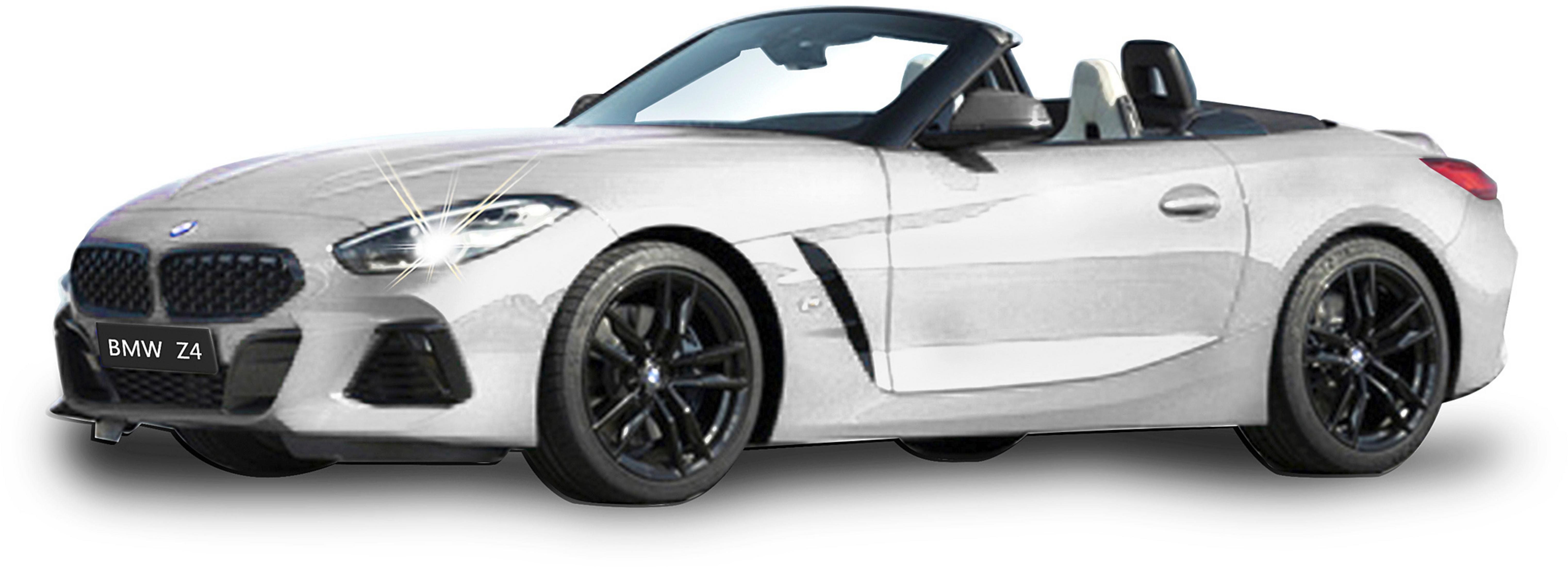 Ein weißer BMW Z4 Roadster mit schwarzen Rädern und offenem Verdeck.