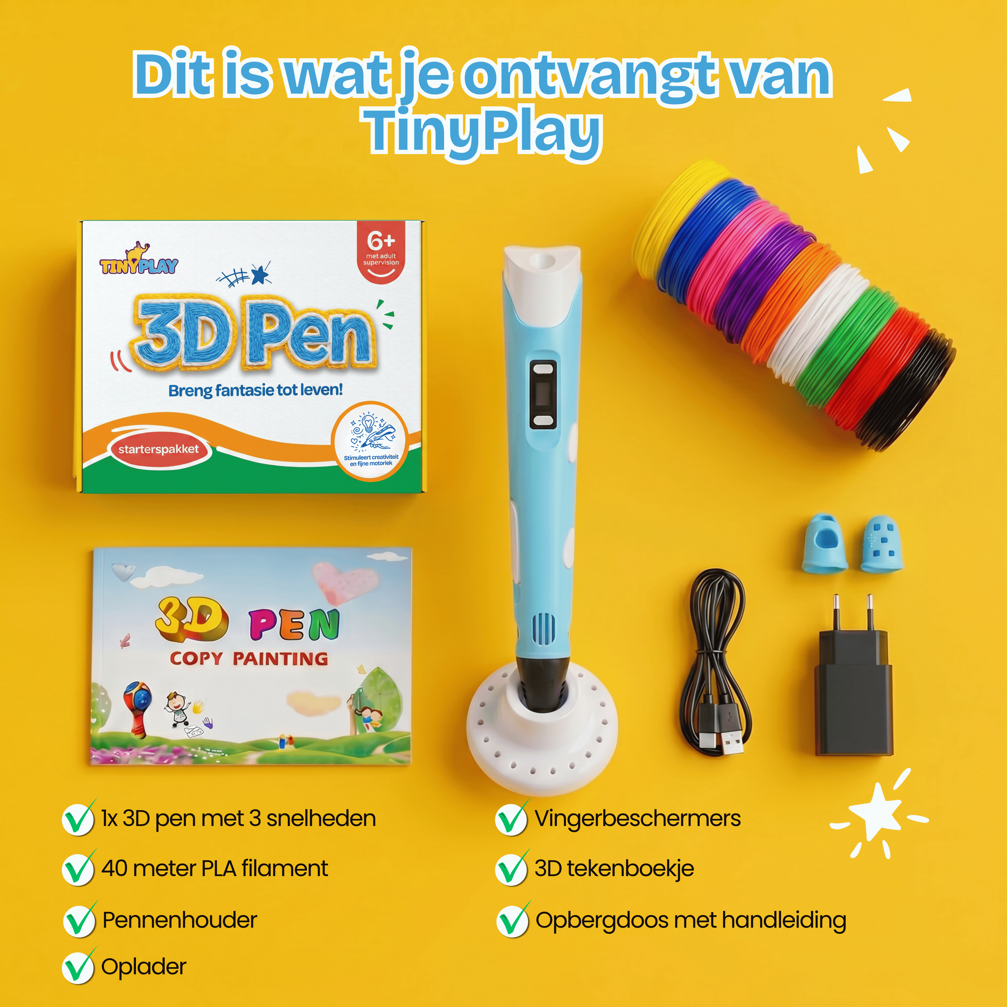 Een 3D-pen startpakket met filament, oplader, handleiding en accessoires op gele achtergrond.