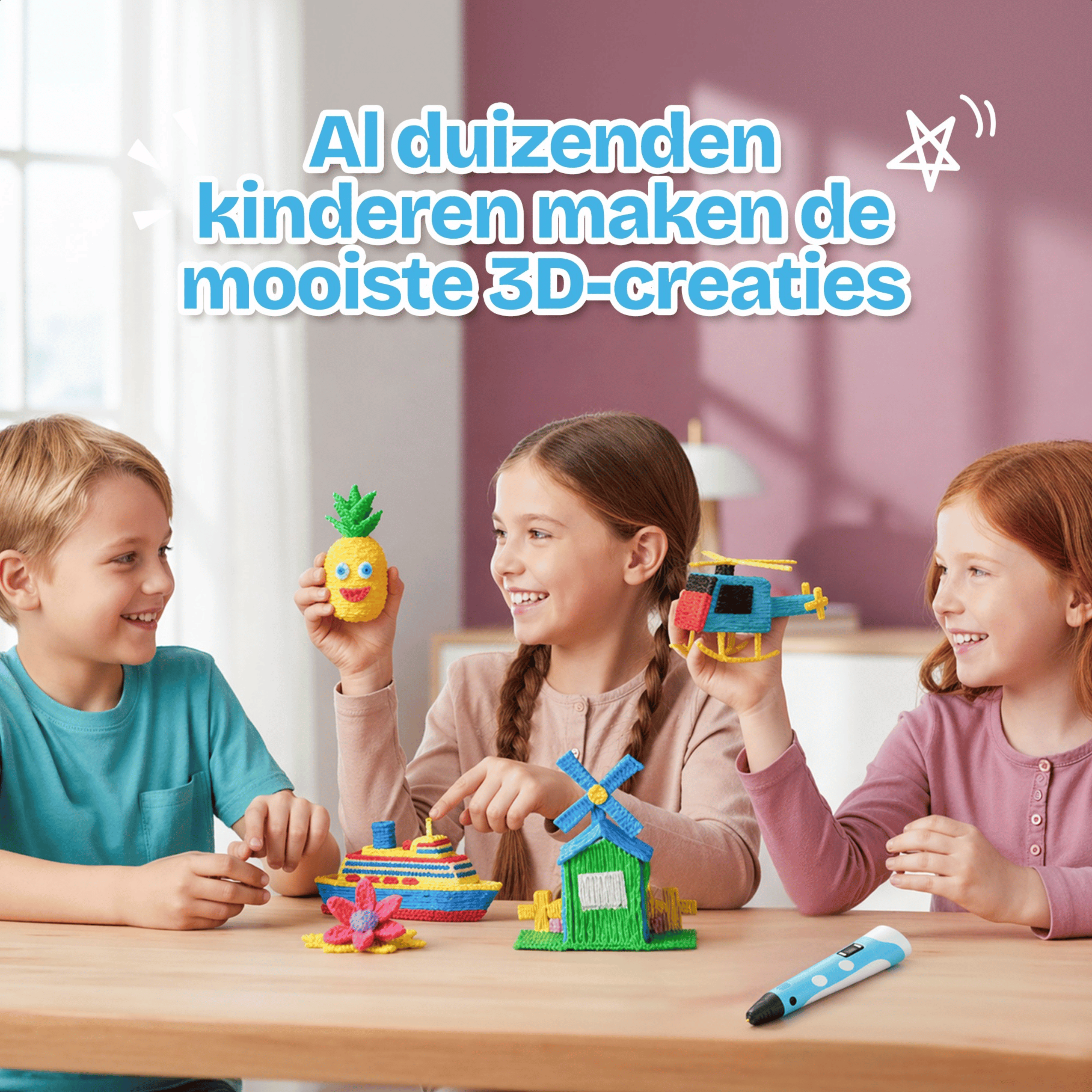 Drie kinderen maken met 3D-pennen hun creaties: ananas, schip, helikopter en windmolen.