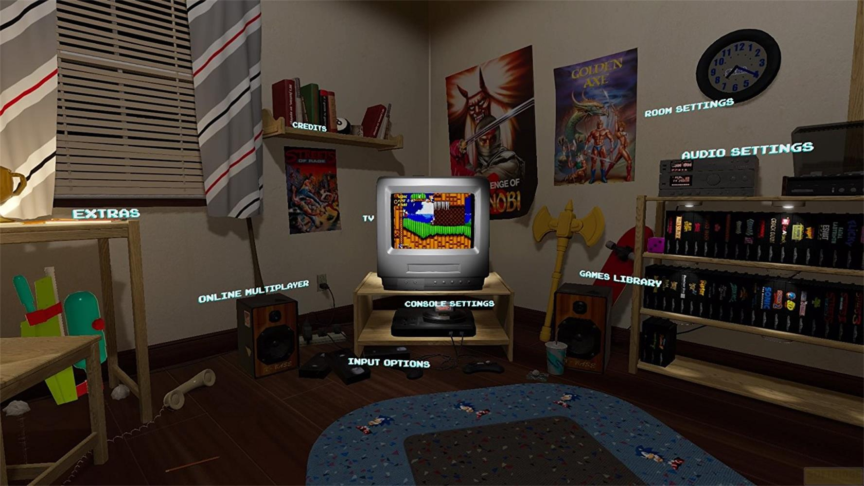 Ein retro-Spielzimmer mit Fernseher, Spielekonsolen, Poster und Spielebibliothek.