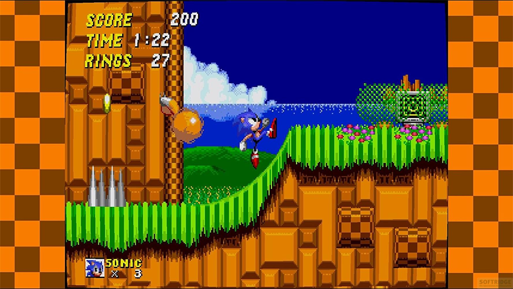 Sonic the Hedgehog Spiel: Sonic springt auf einem grünen Hügel mit Punktestand 200, Zeit 1:22, Ringe 27.