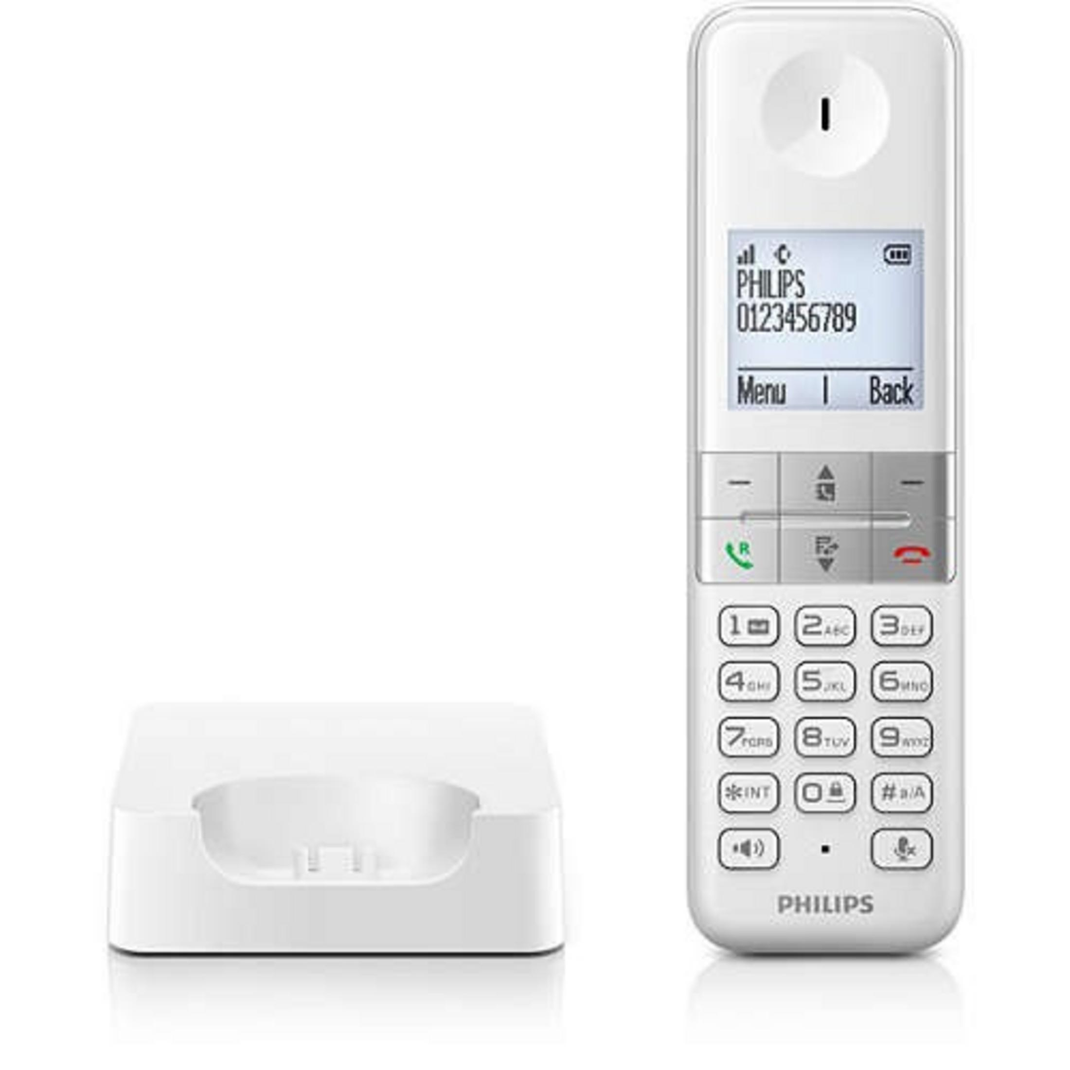 Un telefono cordless Philips bianco con base di ricarica e display.