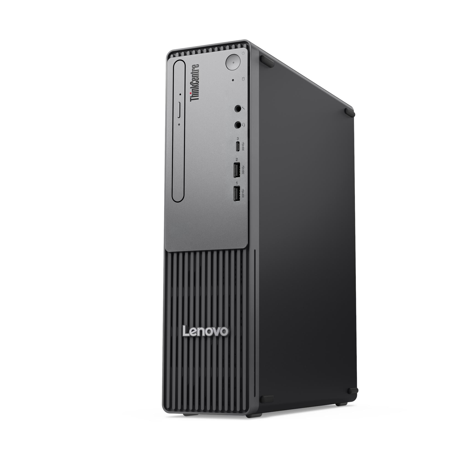 Gümüş ön panele ve USB bağlantı noktalarına sahip siyah Lenovo ThinkCentre masaüstü bilgisayar.
