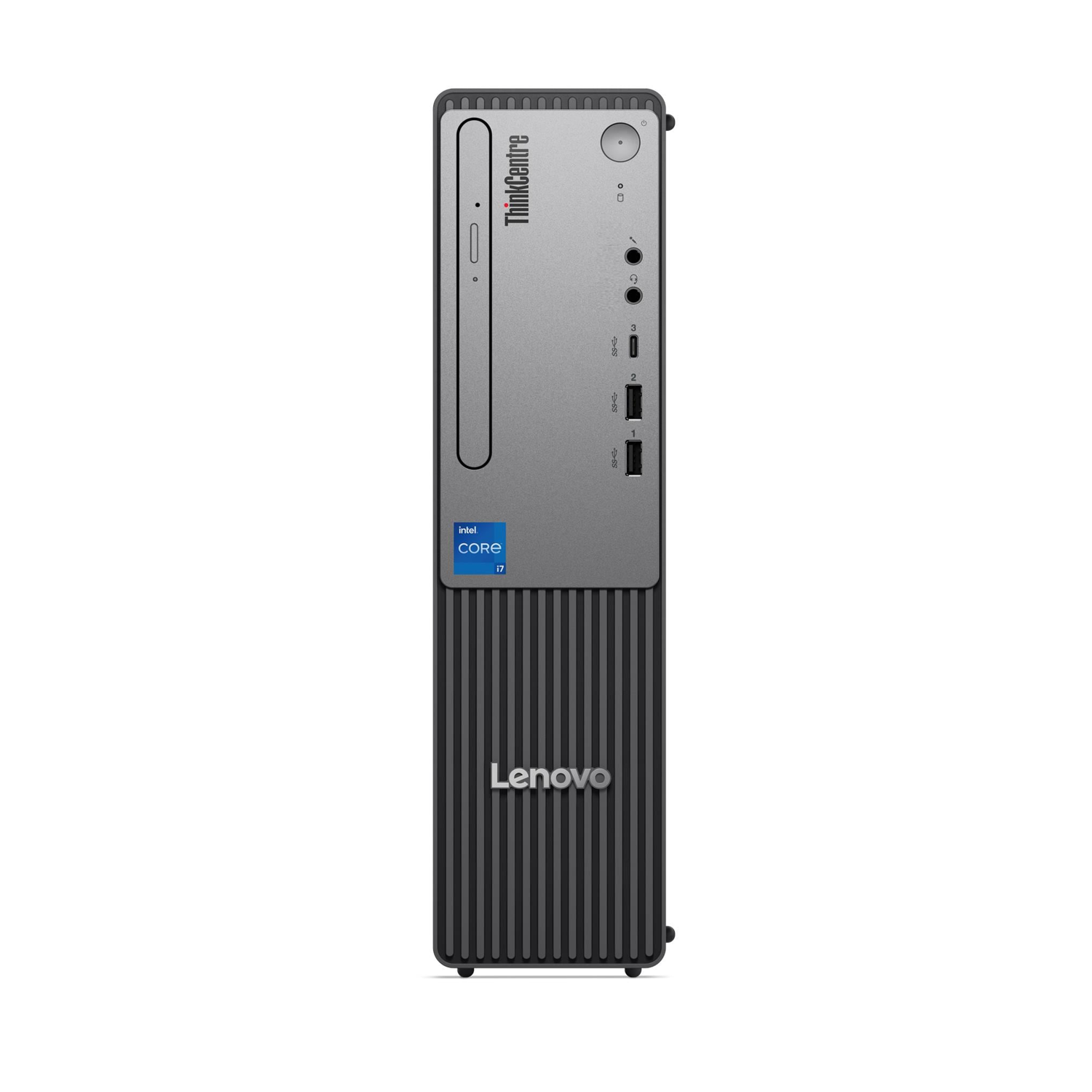 Gümüş ve siyah Lenovo ThinkCentre masaüstü bilgisayar, Intel Core i7 etiketi ile.