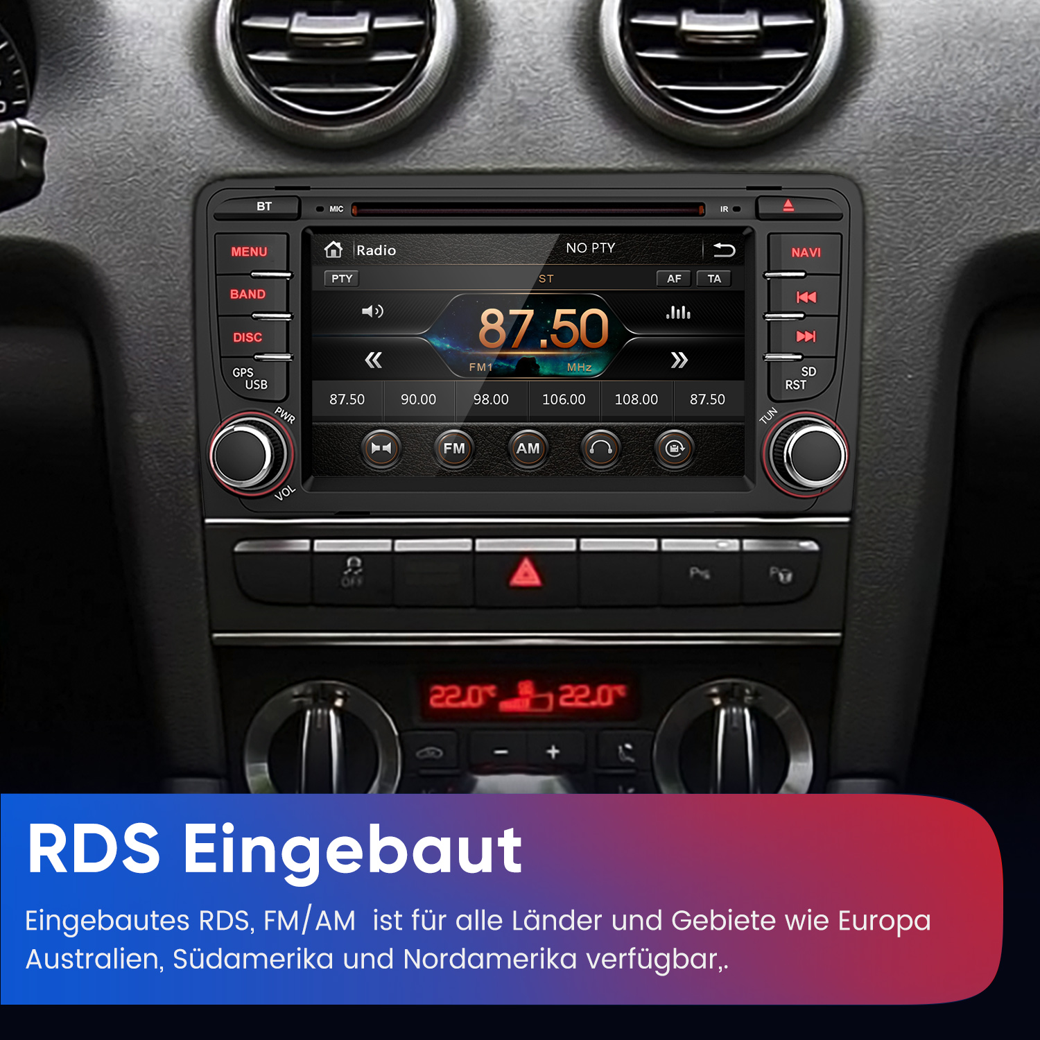Autoradio mit Touchscreen und Knöpfen, zeigt Radiofrequenzen und Menüoptionen.