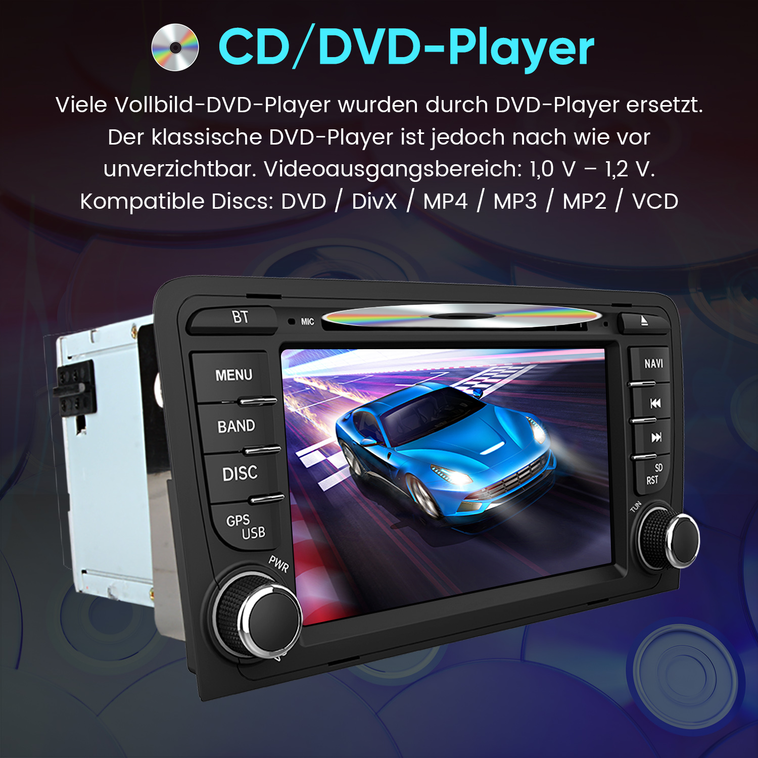 Ein CD/DVD-Player mit einem blauen Sportwagen auf dem Bildschirm und einer eingelegten CD.