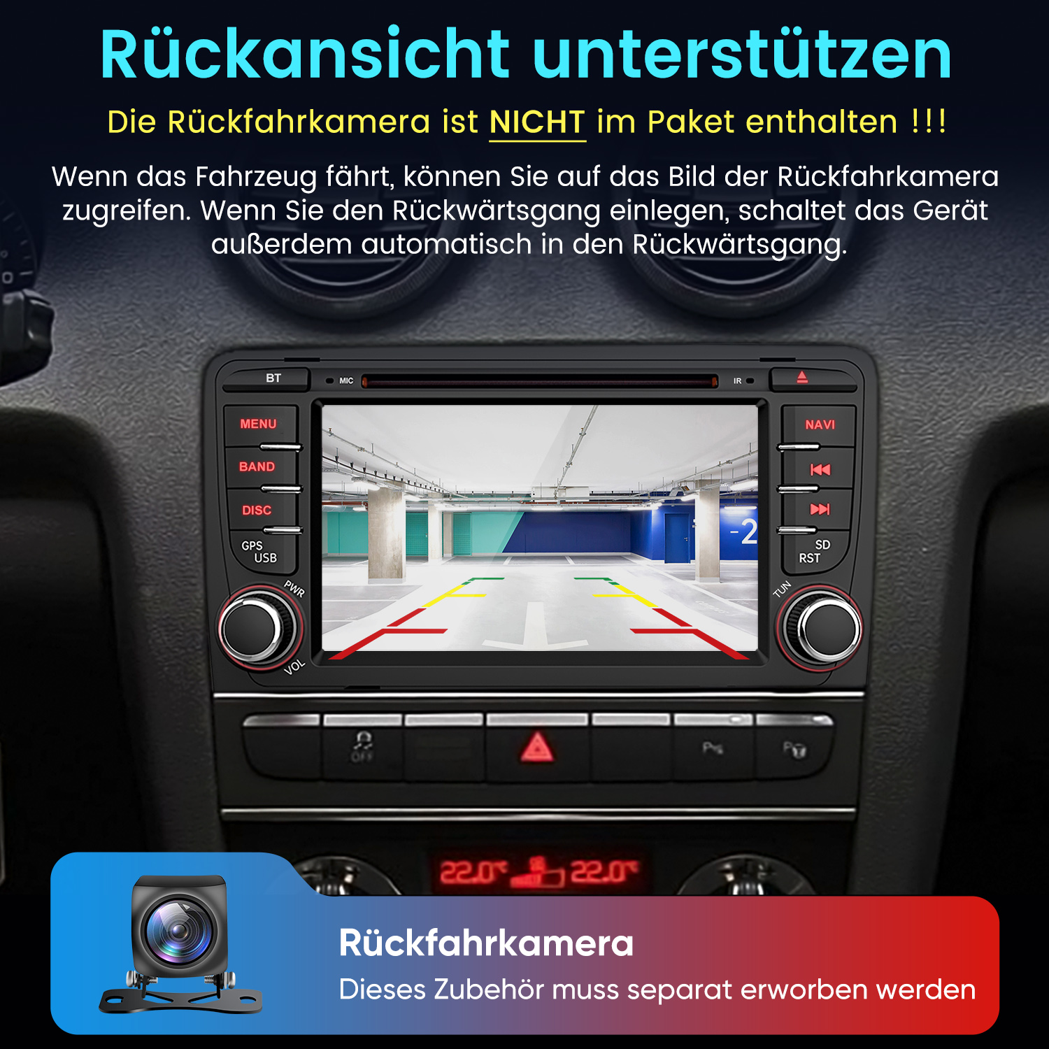 Rückfahrkamera-Display im Auto zeigt Parkplatzansicht.