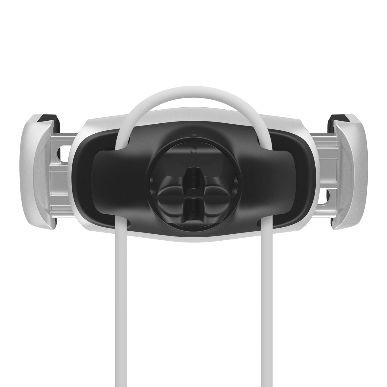 Un soporte de teléfono blanco y negro con cables, sobre fondo blanco.