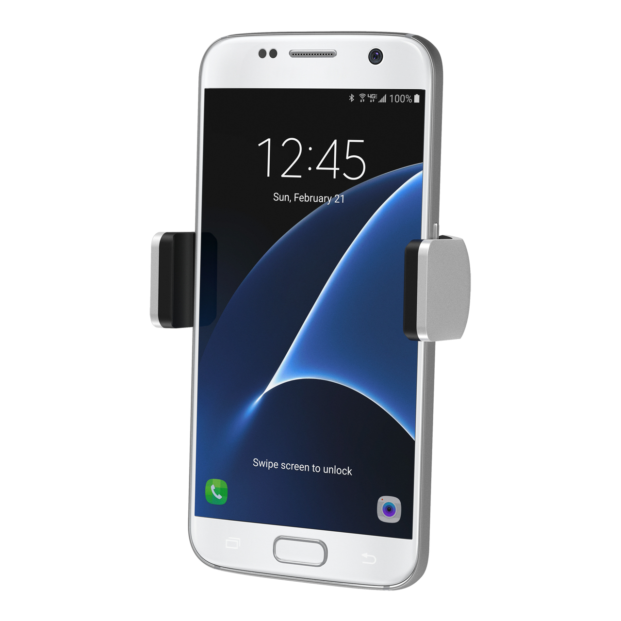 Un teléfono inteligente blanco sostenido por un soporte plateado. La hora es 12:45.