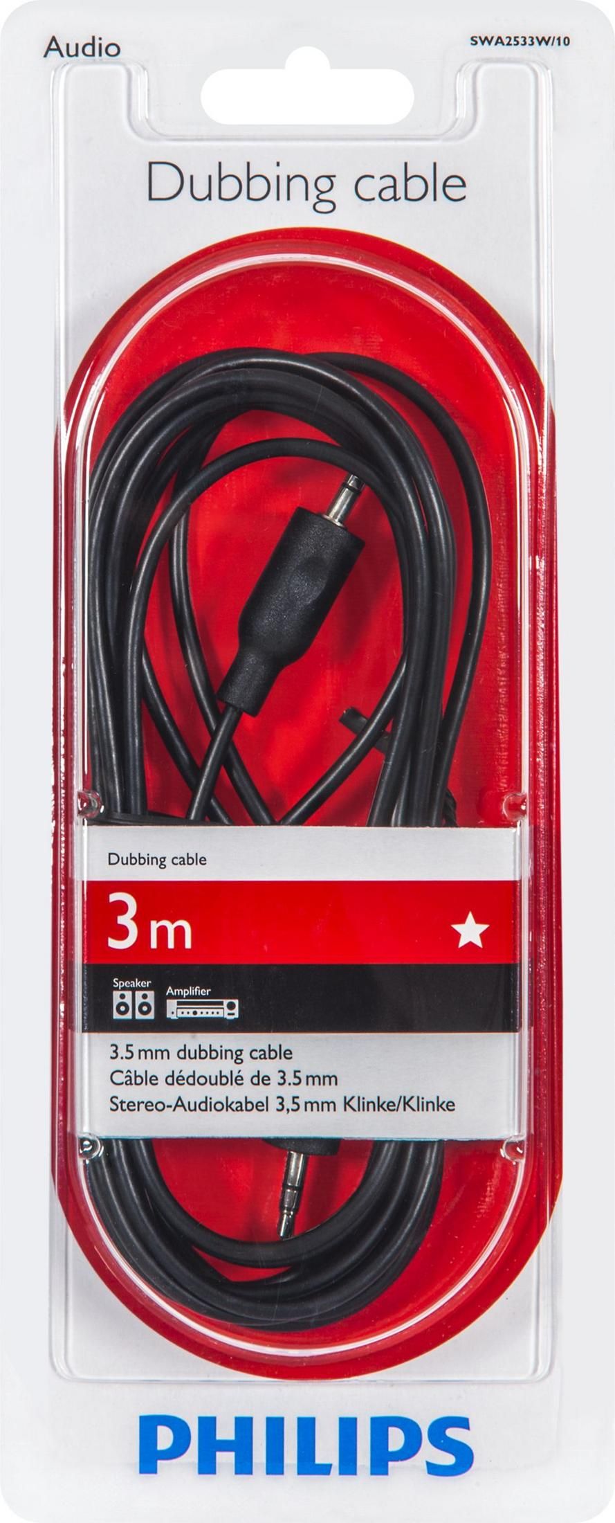Ein schwarzes 3m Dubbing-Kabel mit 3,5mm Steckern in Philips-Verpackung.