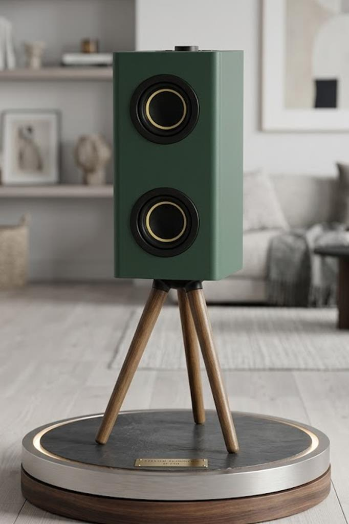 Ahşap bacaklı bir tripod stand üzerinde, yuvarlak bir tabana yerleştirilmiş yeşil hoparlör.