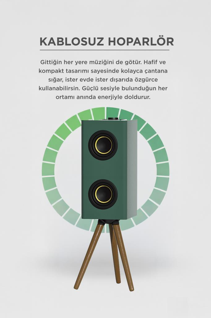 İki sürücülü yeşil kablosuz hoparlör bir tripod üzerinde duruyor.