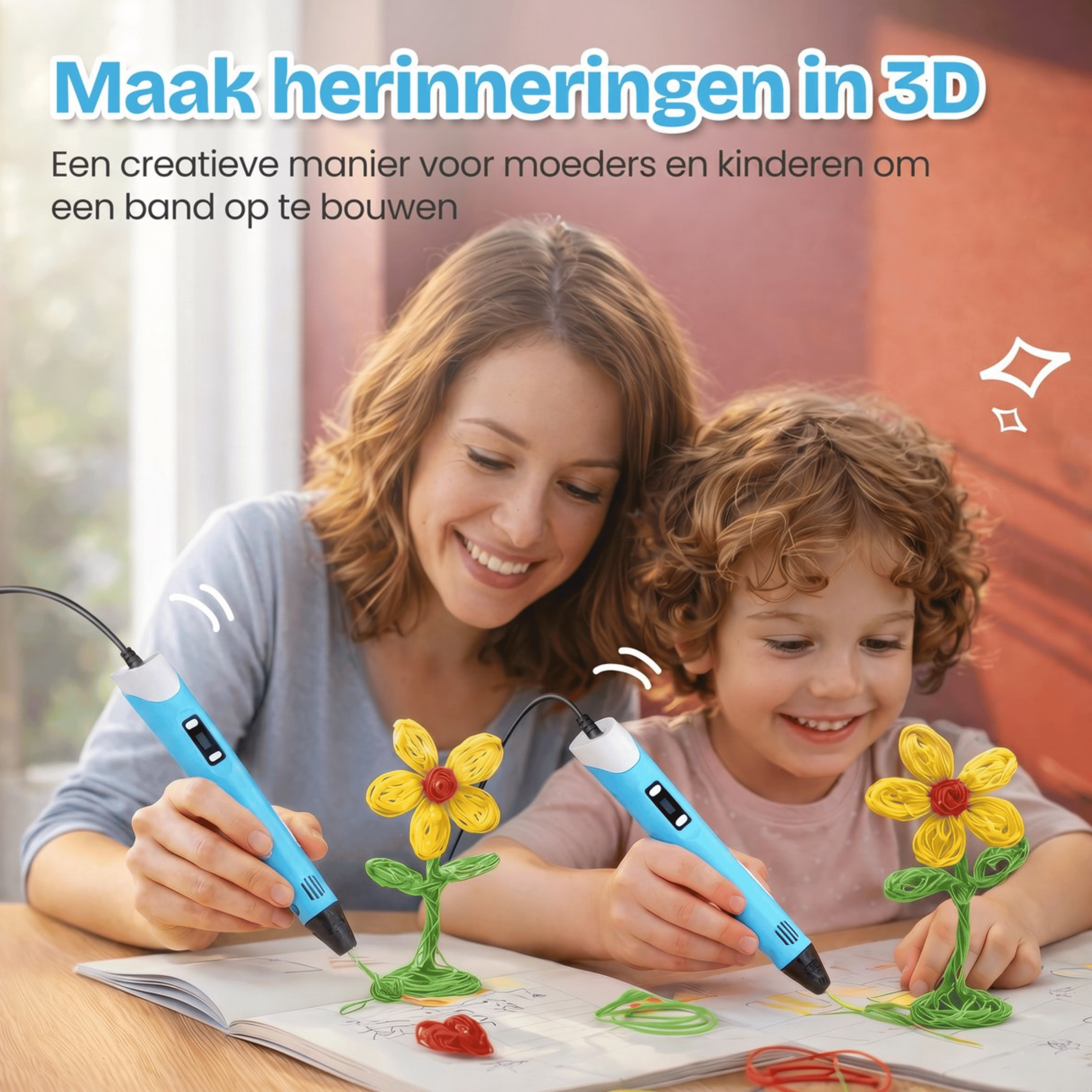 Mother and child create 3D flowers with pens.