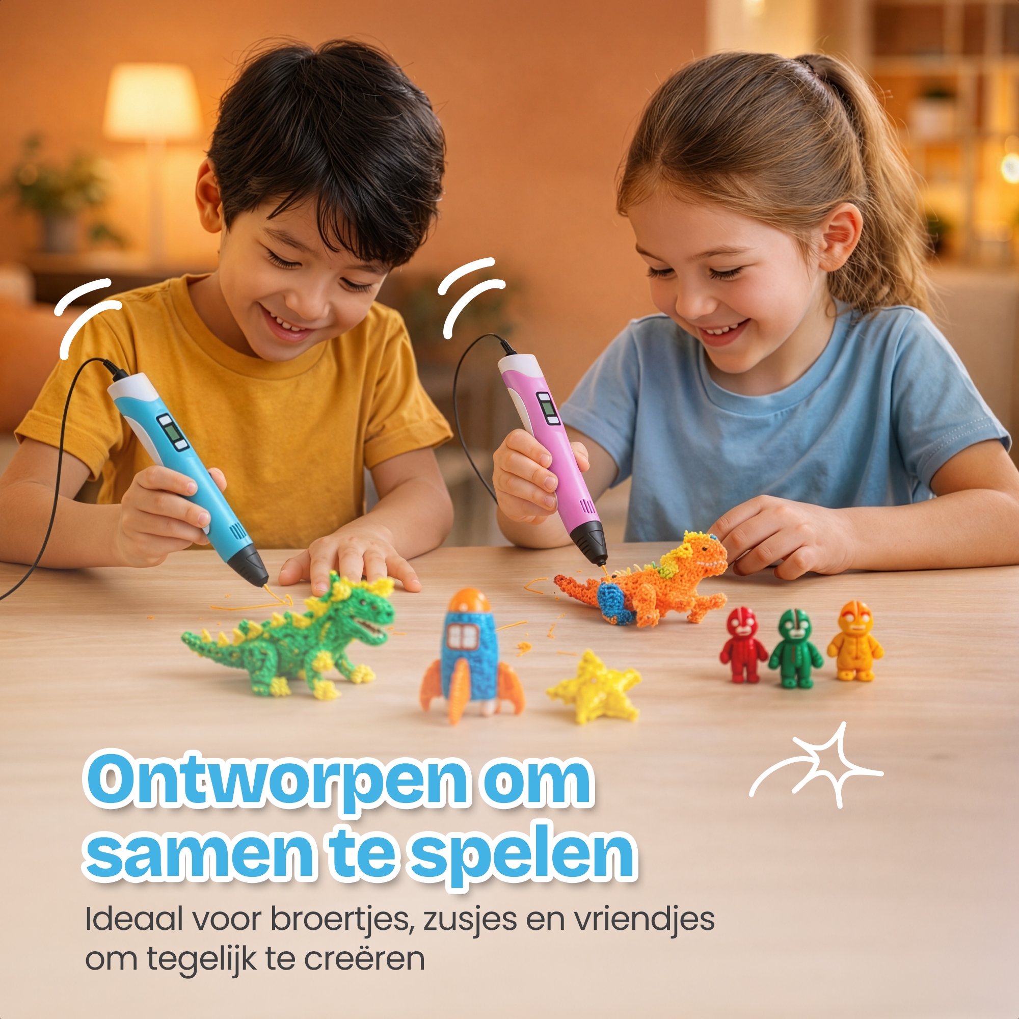 Twee kinderen gebruiken 3D-pennen om dino's, raketten en figuren te maken.