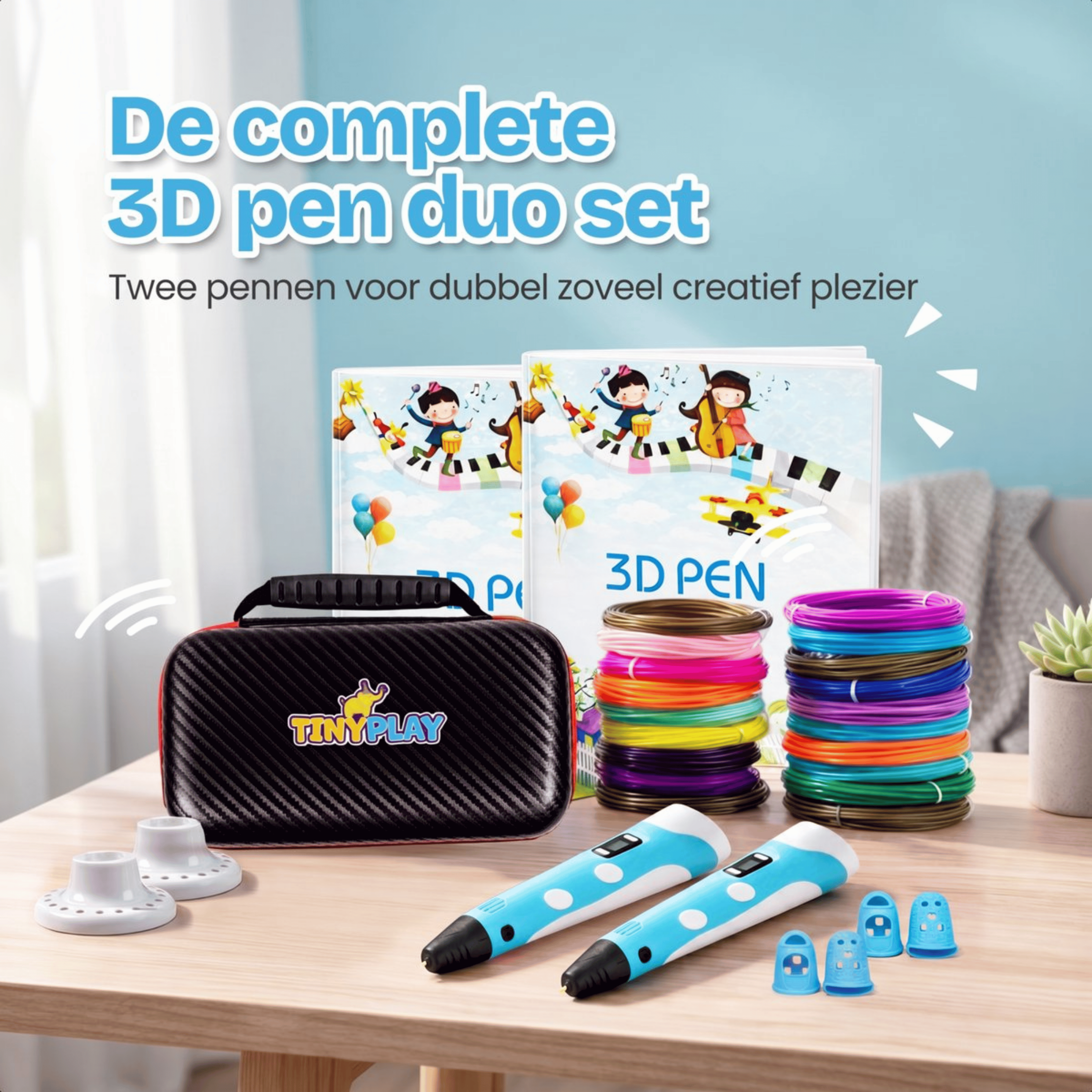 A 3D pen set with two blue pens, filament spools, and a black case.