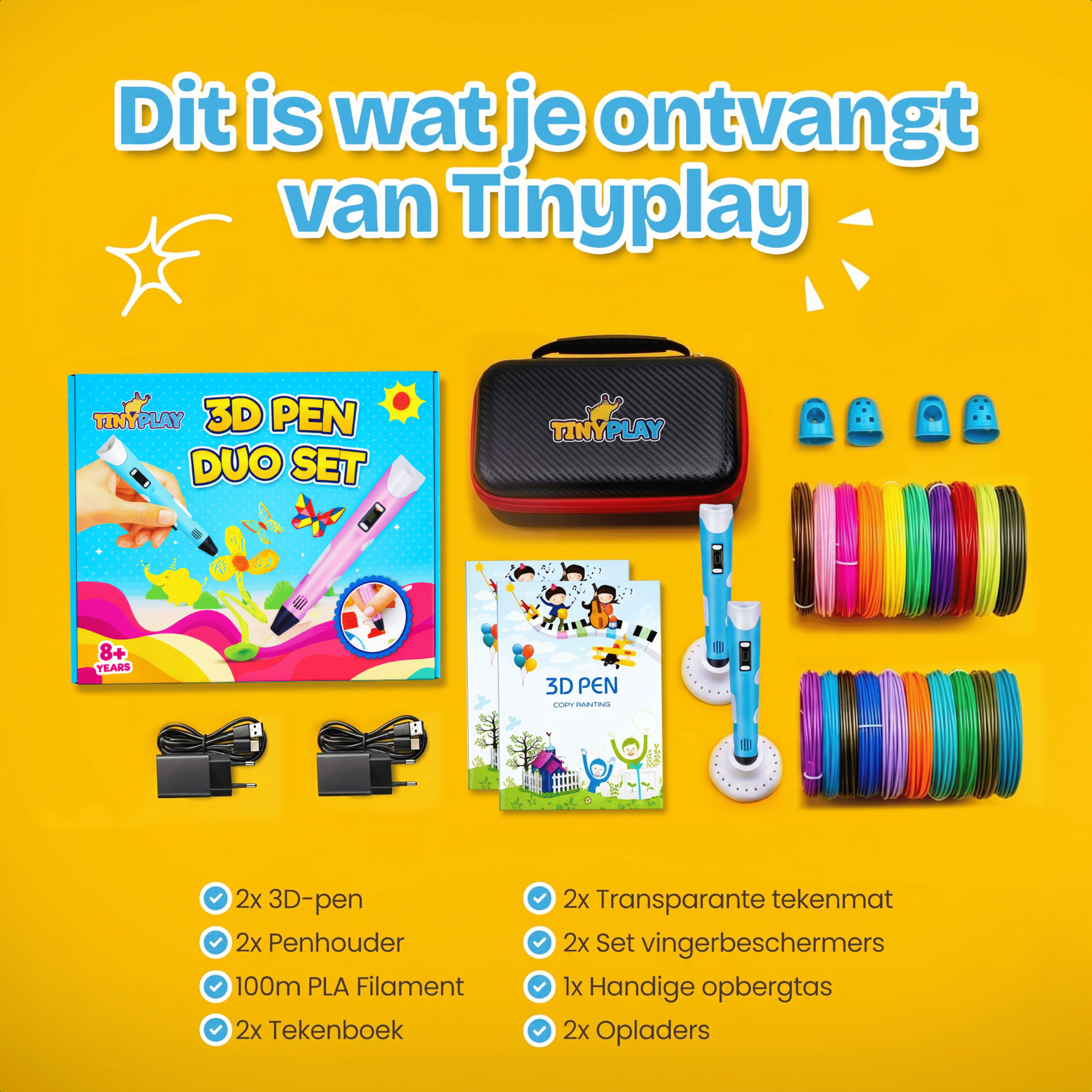 3D pen set contents: 2 pens, holders, filament, drawing book, mats, protectors, bag, chargers.