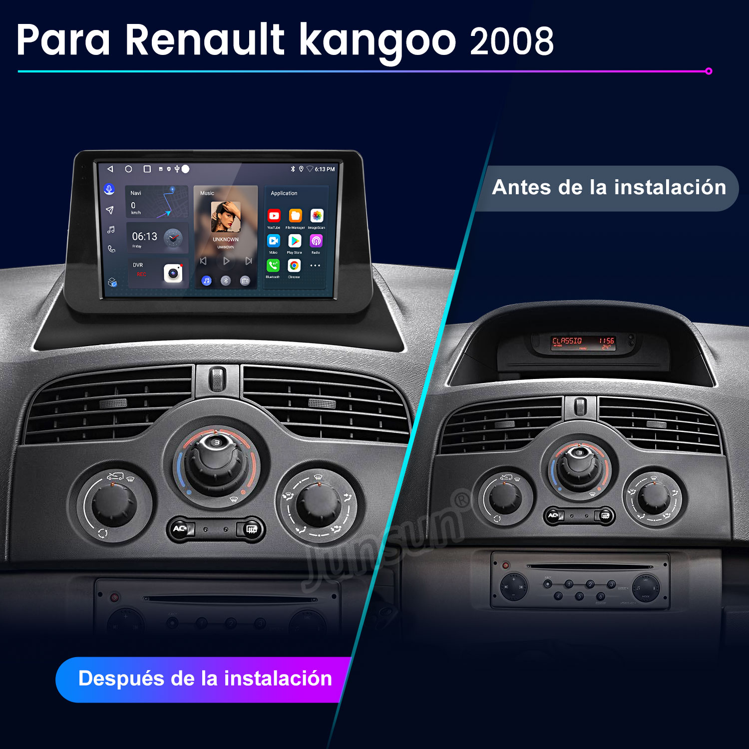 Comparación de salpicaderos de coche Renault Kangoo 2008, antes y después de instalar una pantalla.