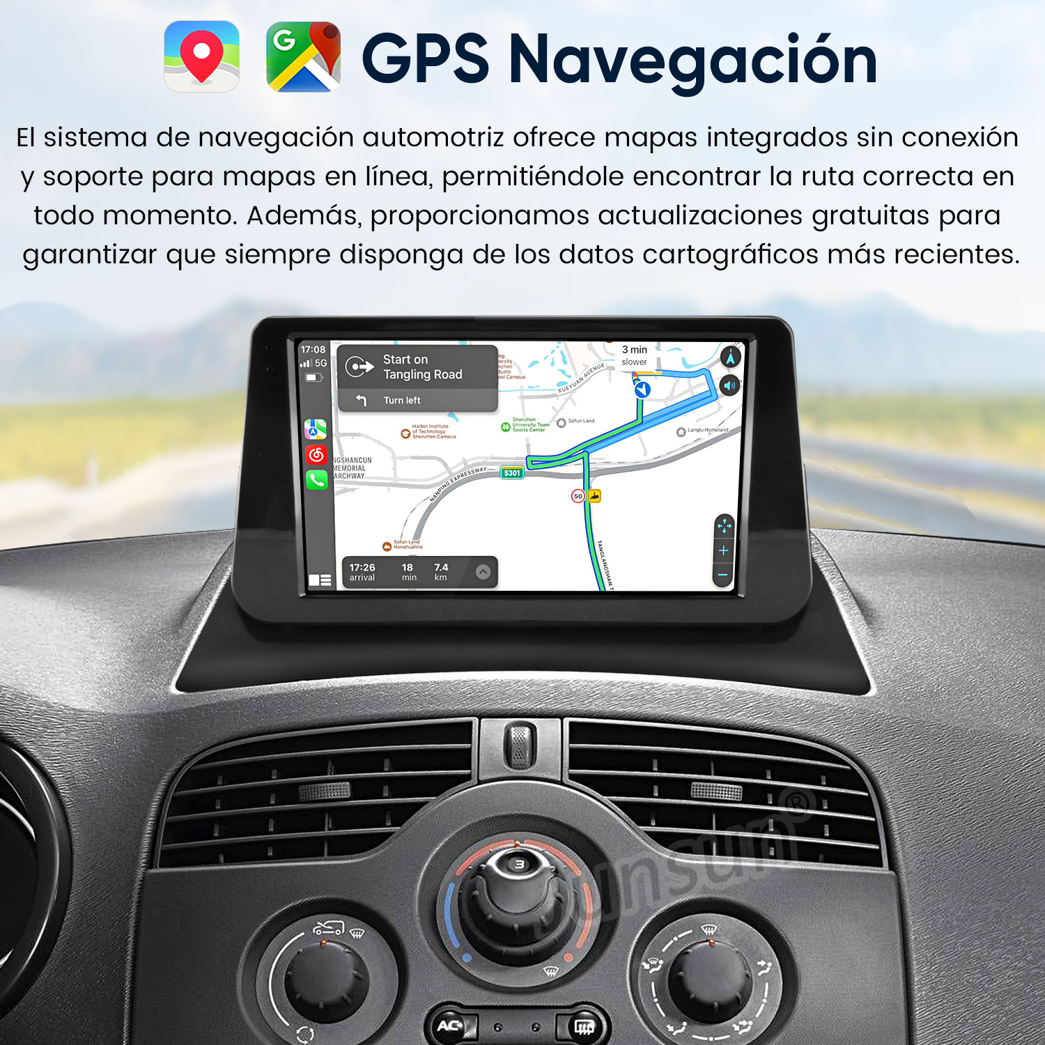 Salpicadero del coche con pantalla de navegación GPS mostrando mapa y ruta.
