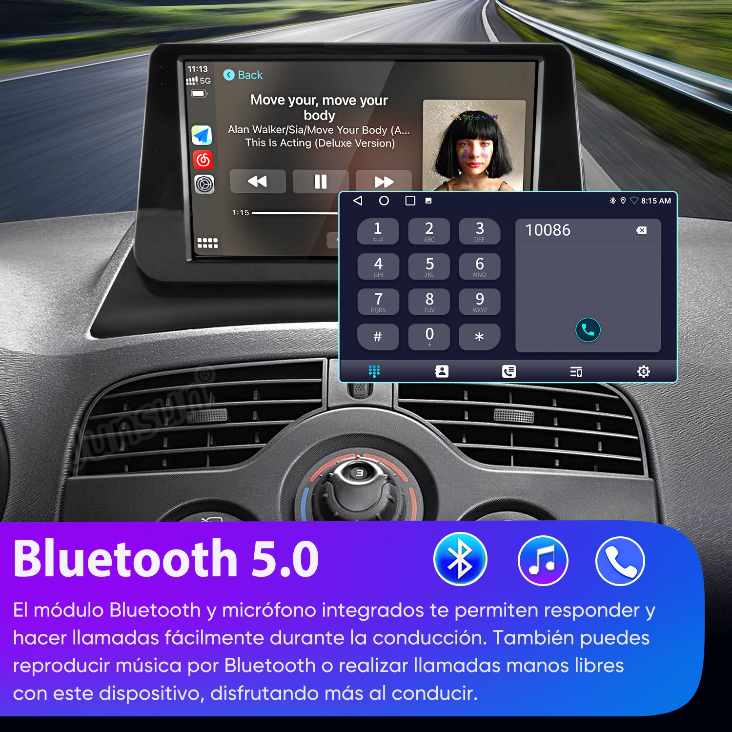 Pantalla de radio de coche muestra reproducción de música y teclado numérico.