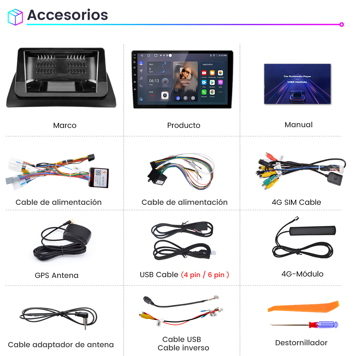 Accesorios: Marco, pantalla de producto, manual, cables, antena, módulo, destornillador.