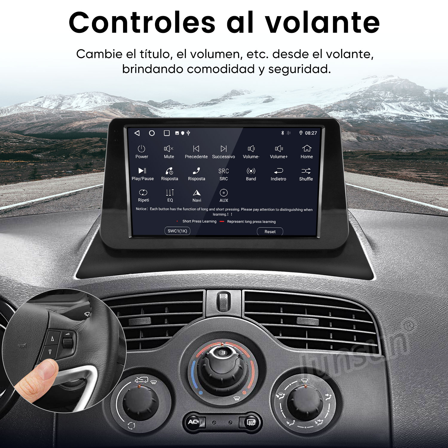 Un dedo pulsa un botón del volante de un coche. Una pantalla táctil muestra un menú.