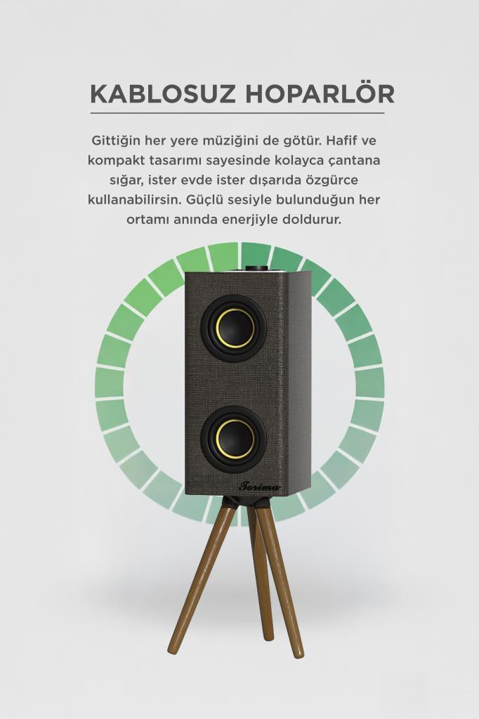 Ahşap ayaklı, kompakt, kablosuz hoparlör; iki adet altın çerçeveli hoparlör açıklığı bulunur.