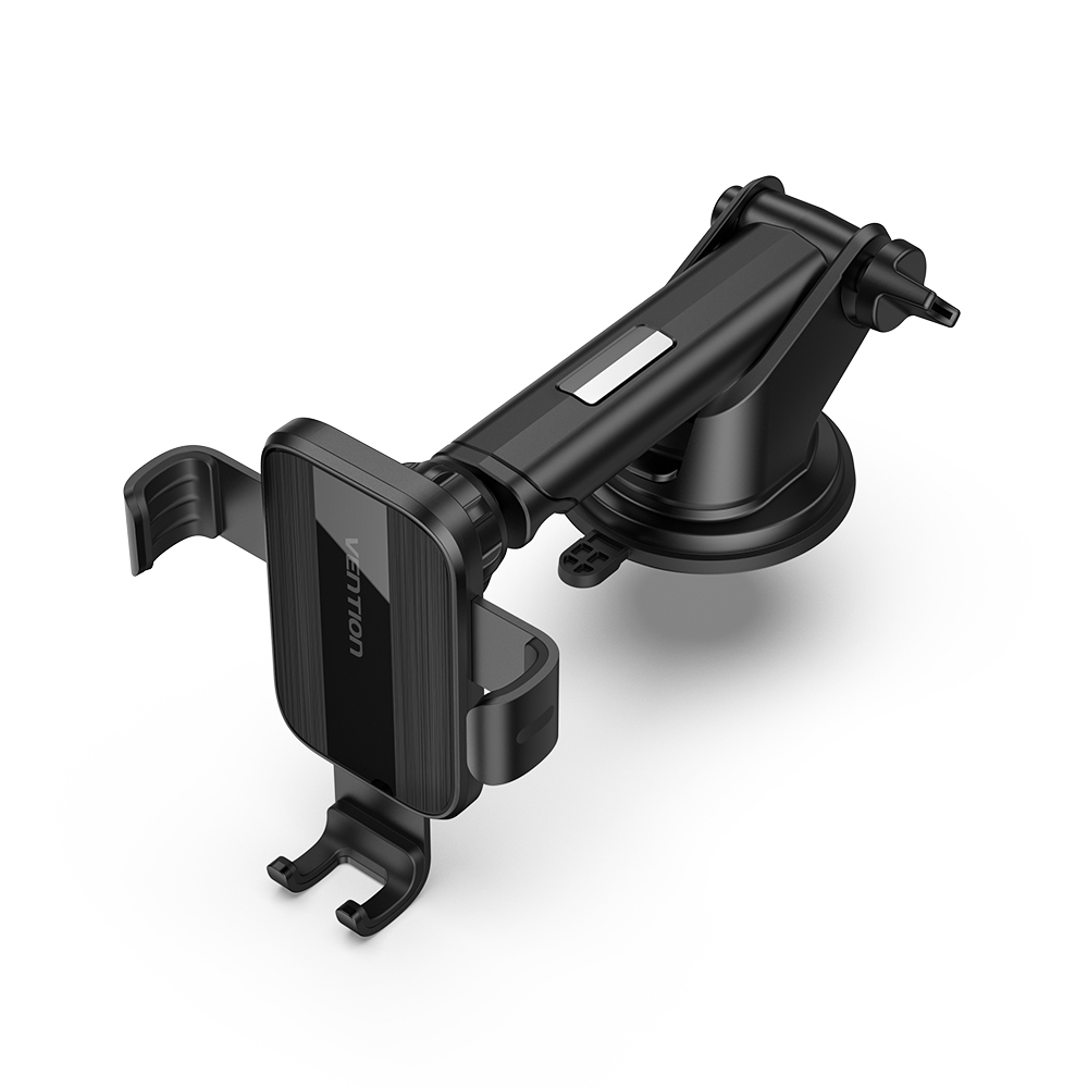 Ein schwarzer Handyhalter für Autos mit Saugnapf und verstellbarem Arm.